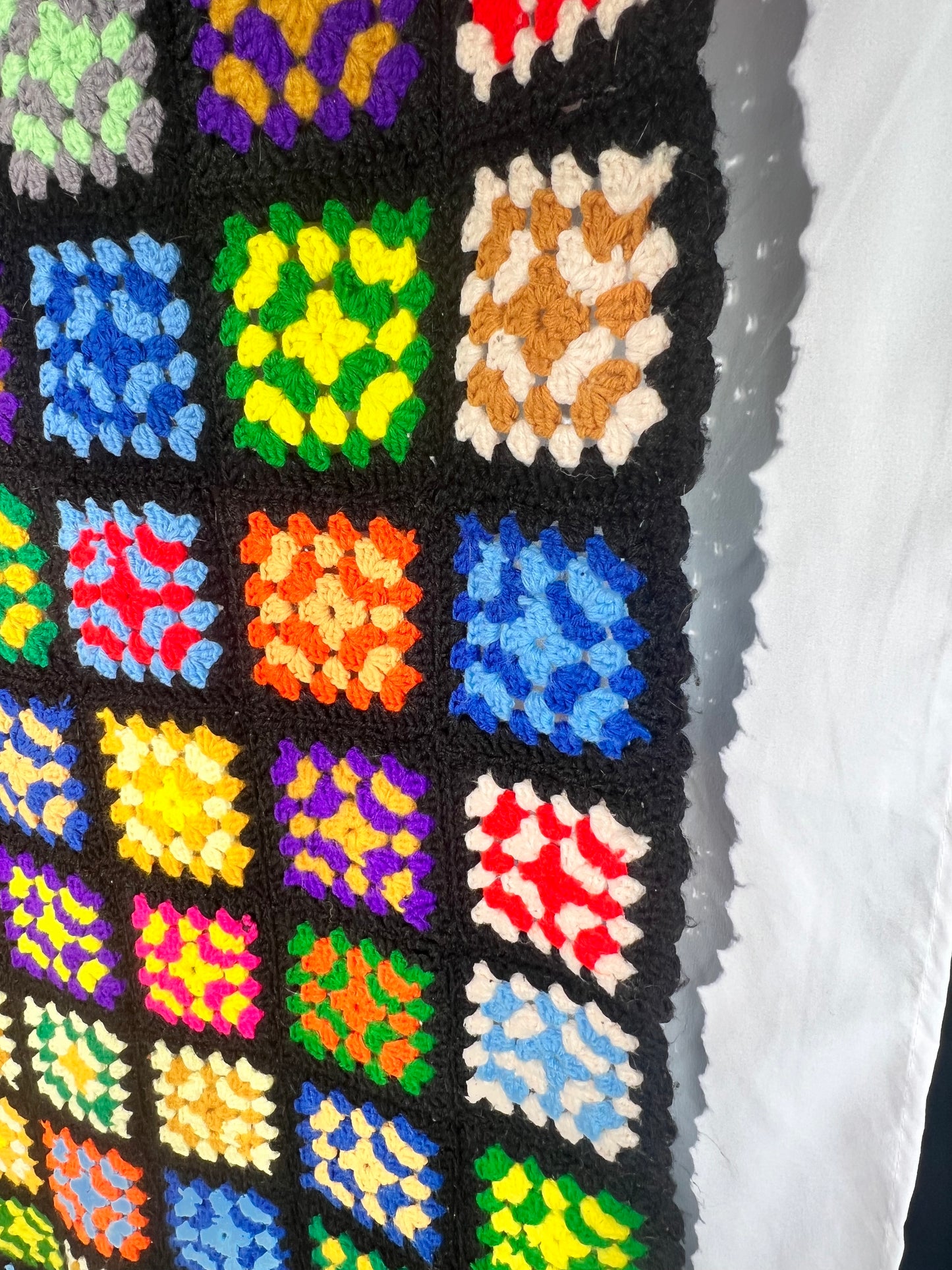 Large Afghan- vintage hand crochet blanket- Multi colored square pattern - 61” x 72”