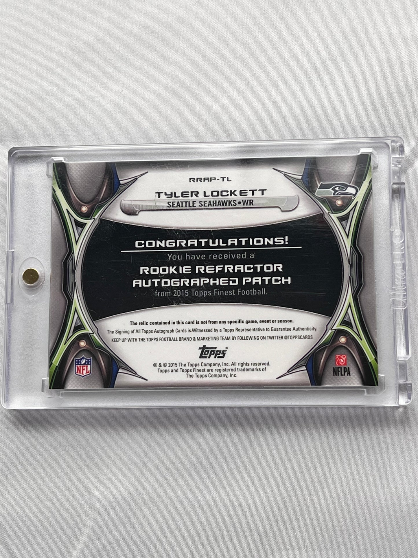 Football Card - Tyler Lockett - 2015 Topps Finest- Rookie Refractor - autographed patch - RRAP -TL - Seahawks