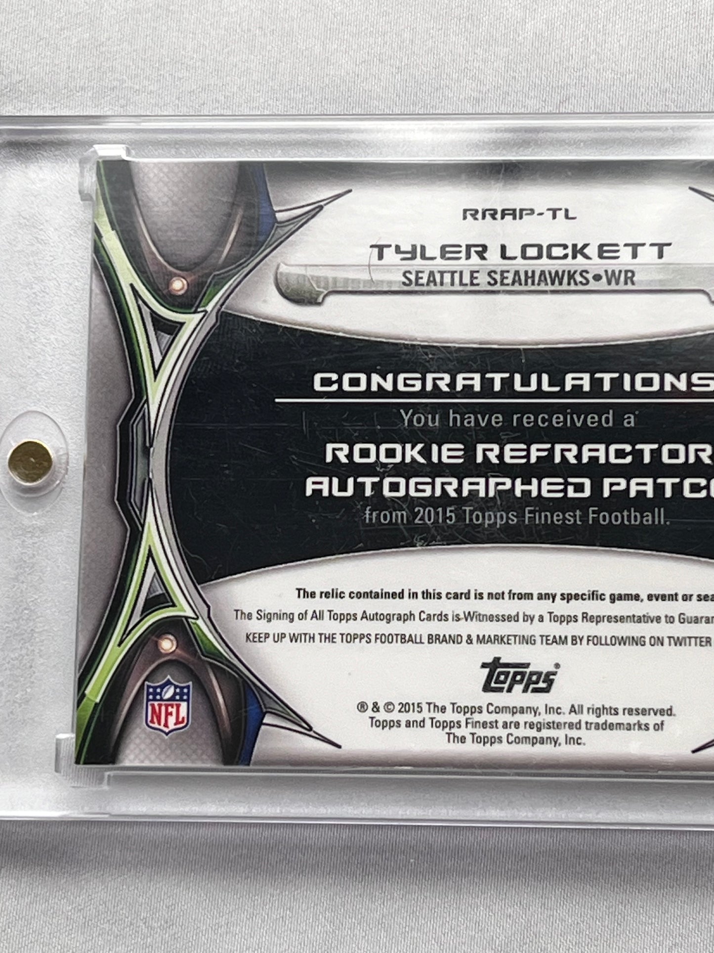 Football Card - Tyler Lockett - 2015 Topps Finest- Rookie Refractor - autographed patch - RRAP -TL - Seahawks