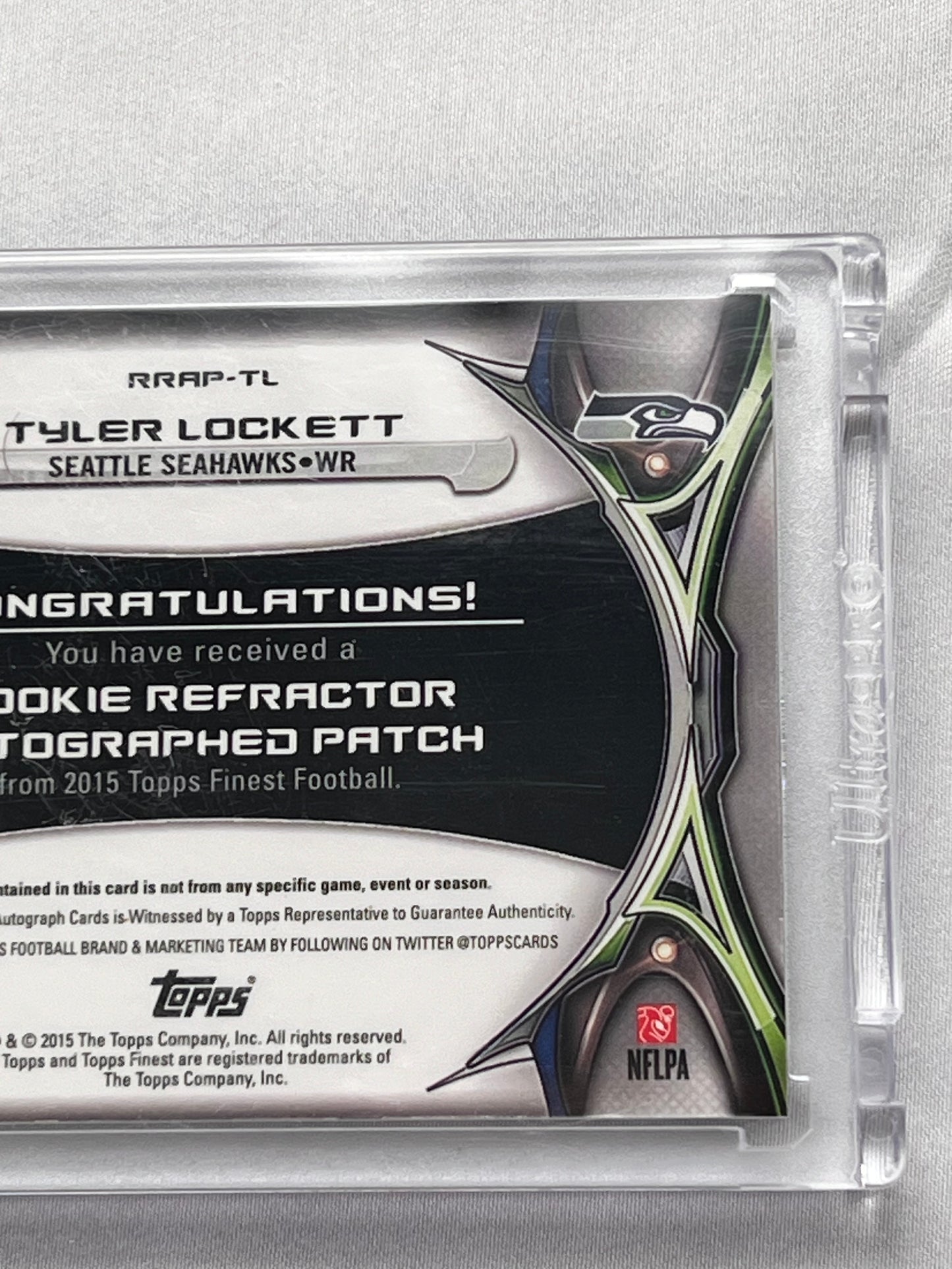 Football Card - Tyler Lockett - 2015 Topps Finest- Rookie Refractor - autographed patch - RRAP -TL - Seahawks
