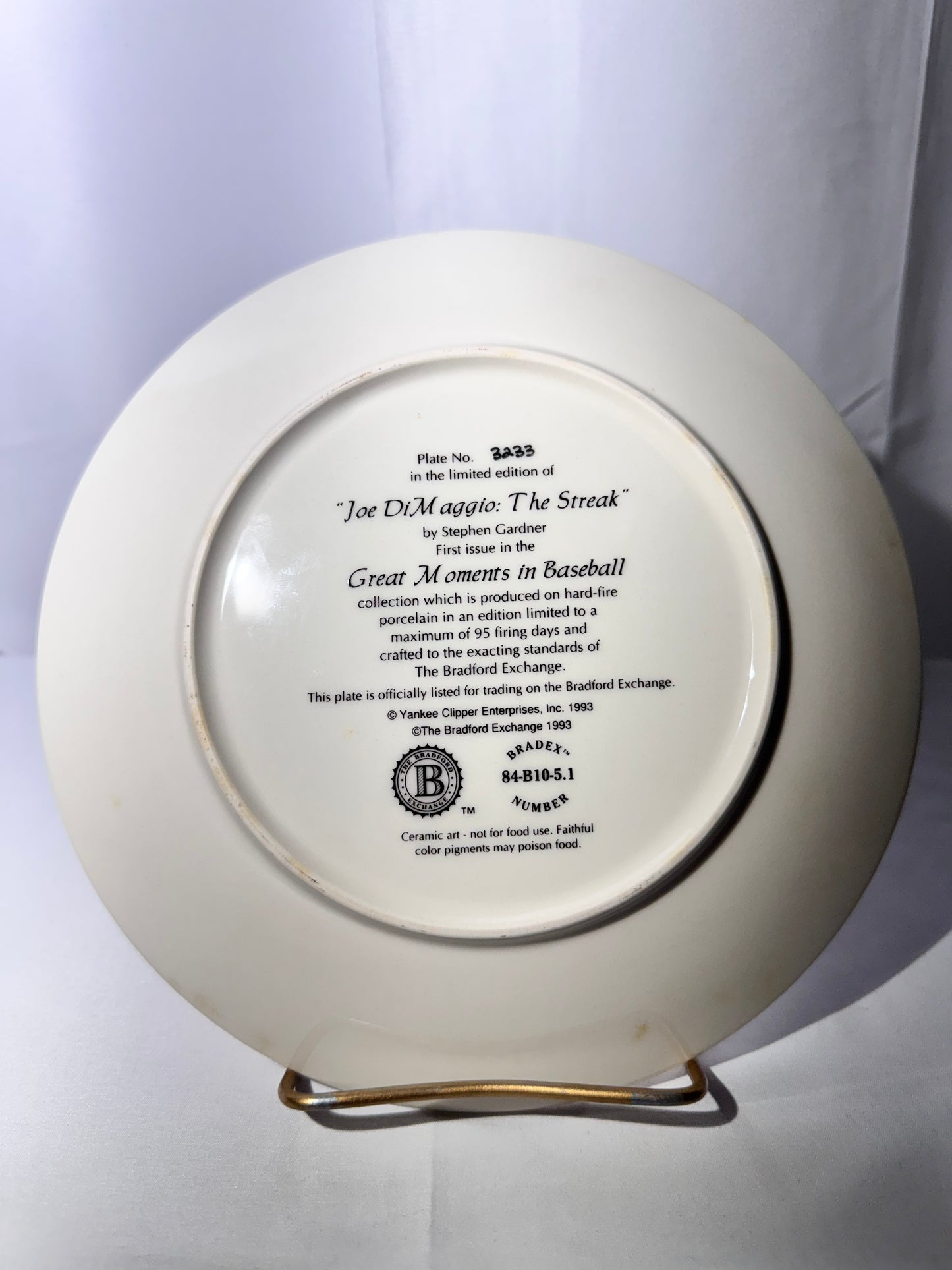 Joe DiMaggio “The Streak” Signed Collector Plate – Limited Edition-Bradford Exchange- #3233/5000 - Certificate of Authenticity