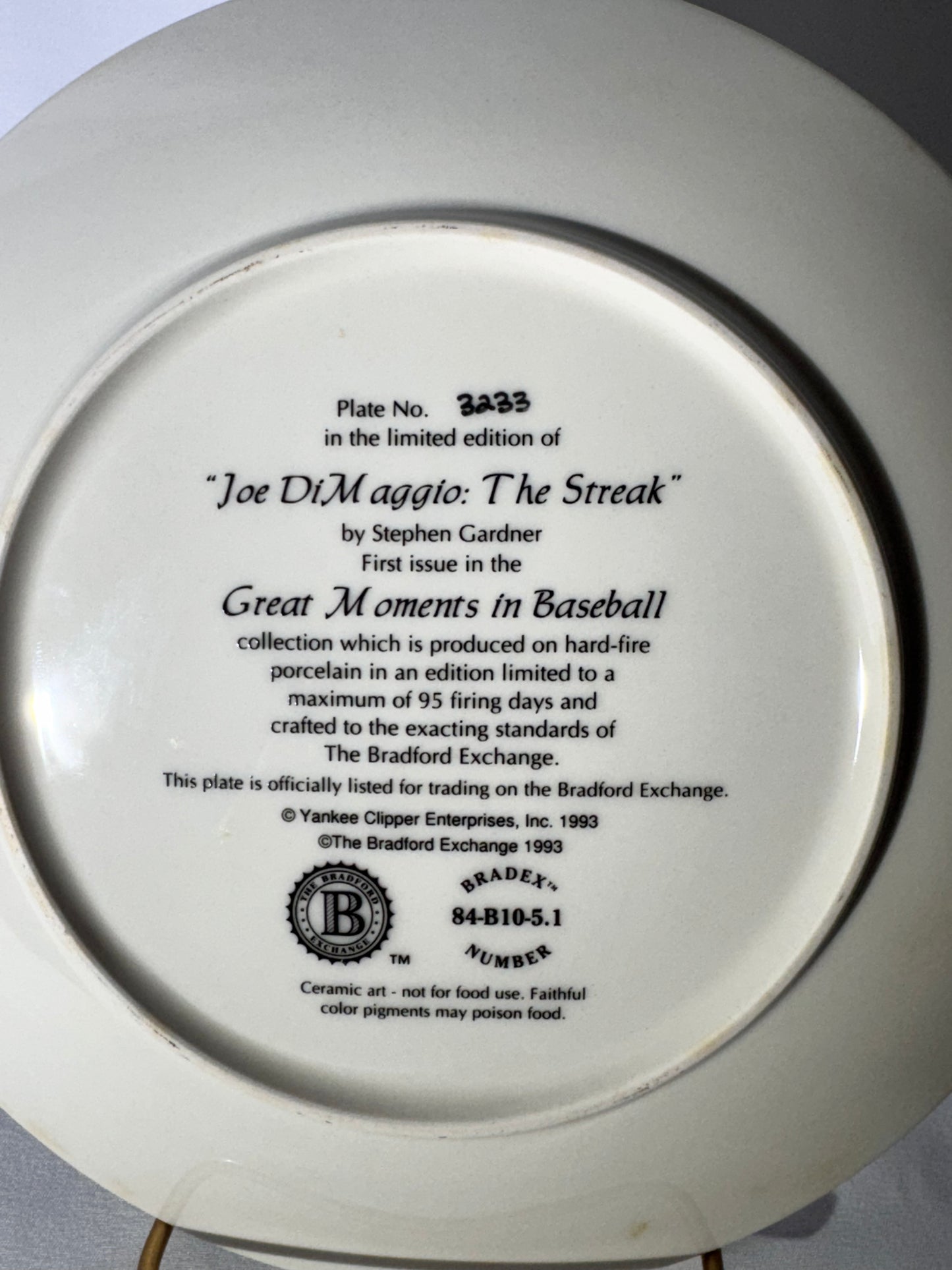 Joe DiMaggio “The Streak” Signed Collector Plate – Limited Edition-Bradford Exchange- #3233/5000 - Certificate of Authenticity