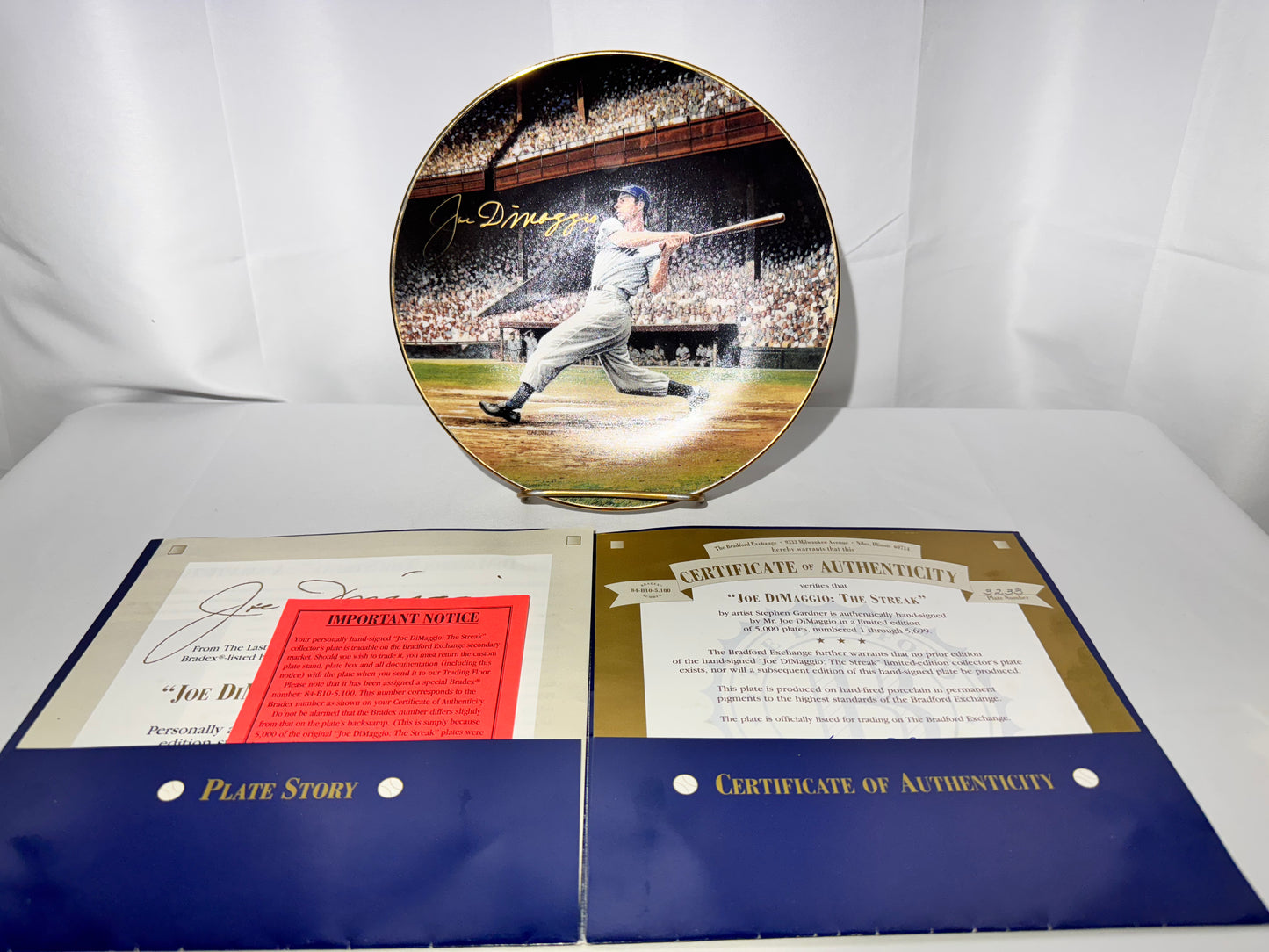 Joe DiMaggio “The Streak” Signed Collector Plate – Limited Edition-Bradford Exchange- #3233/5000 - Certificate of Authenticity