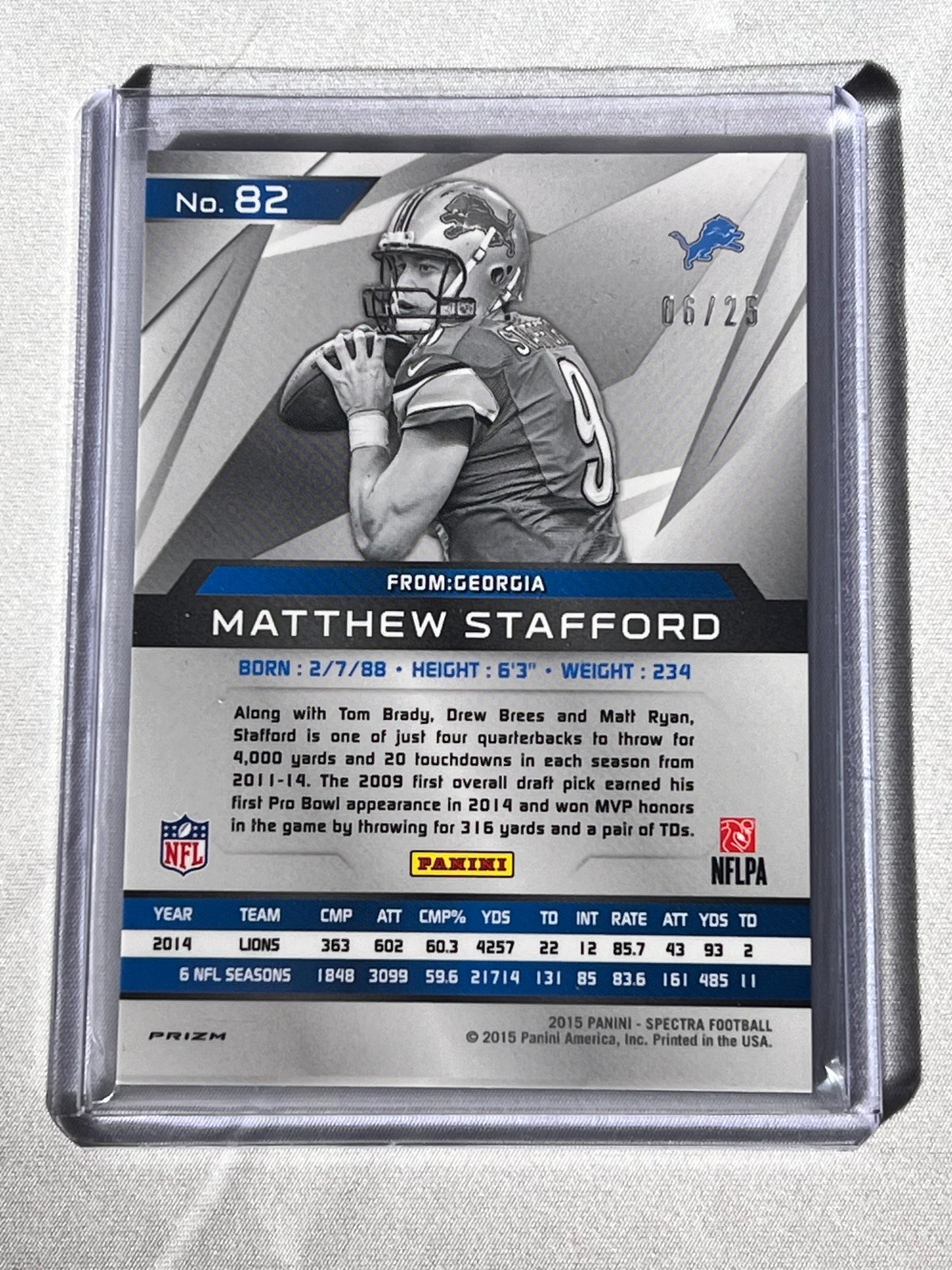 Football card - Matthew Stafford - Spectra Panini -2015 Prizm - 6/25 - Detroit Lions