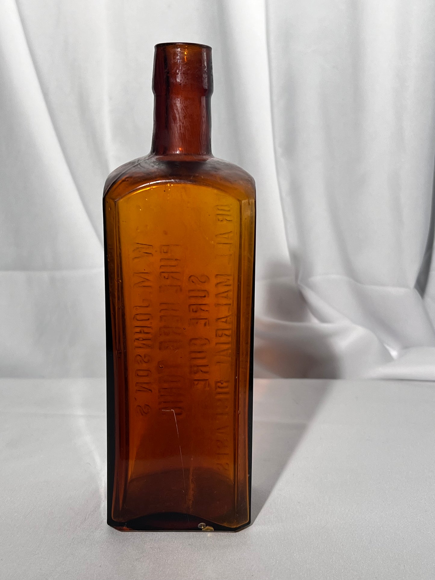 Antique Medicine Bottle - 9” W.M. Johnson’s - Pure Herb Tonic- Sure Cure - For All Malarial Diseases - Amber glass