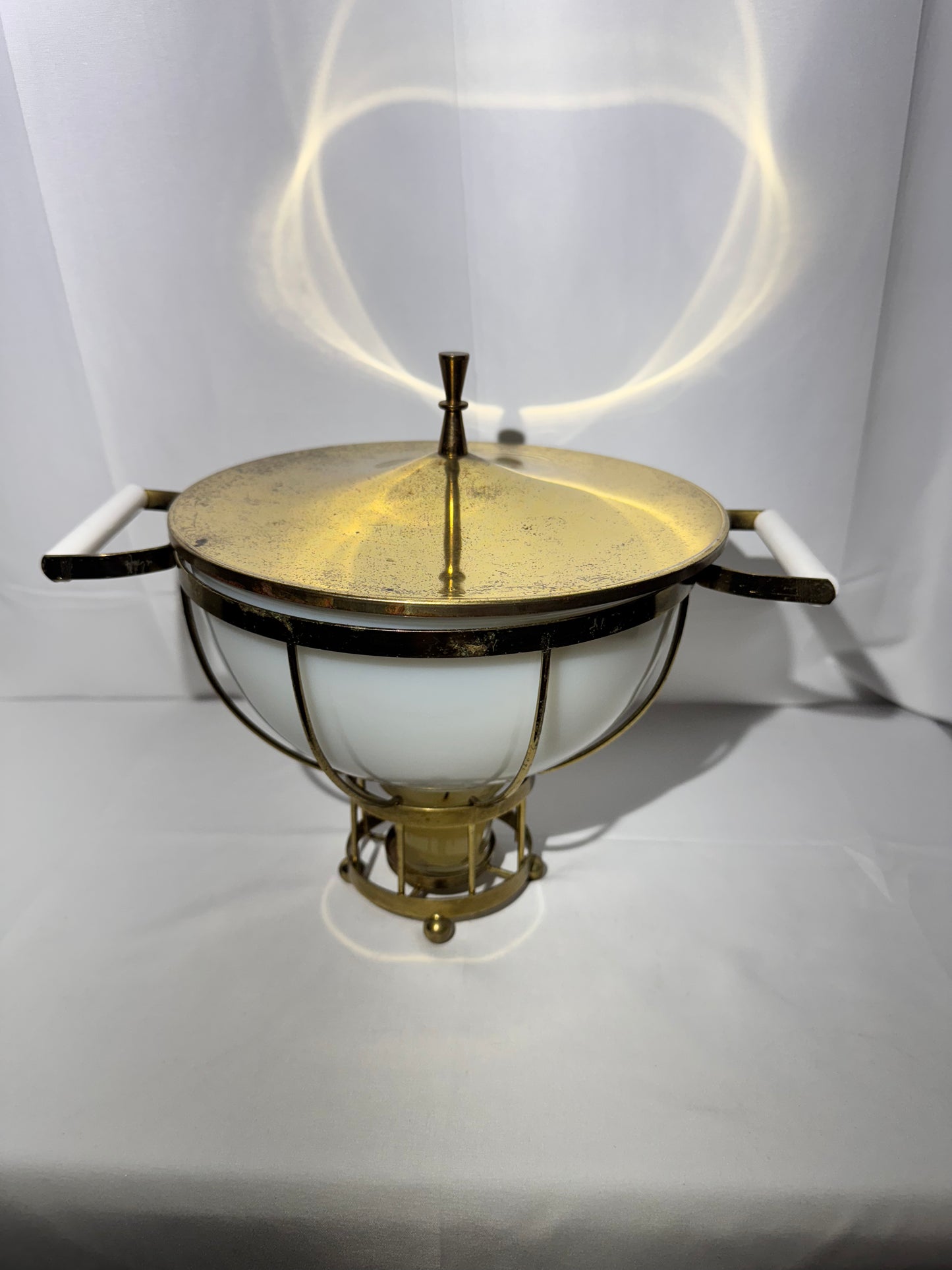 MCM - Fire King - Milk Glass Mixing Bowl with metal warming stand and lid- 1950’s/60’s
