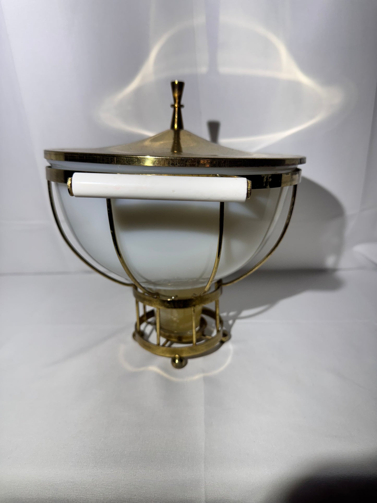 MCM - Fire King - Milk Glass Mixing Bowl with metal warming stand and lid- 1950’s/60’s