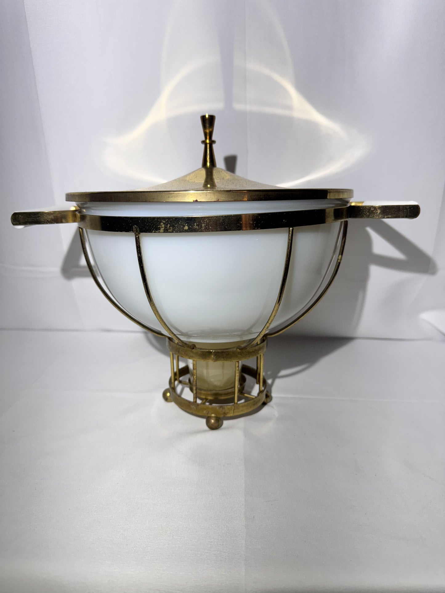 MCM - Fire King - Milk Glass Mixing Bowl with metal warming stand and lid- 1950’s/60’s