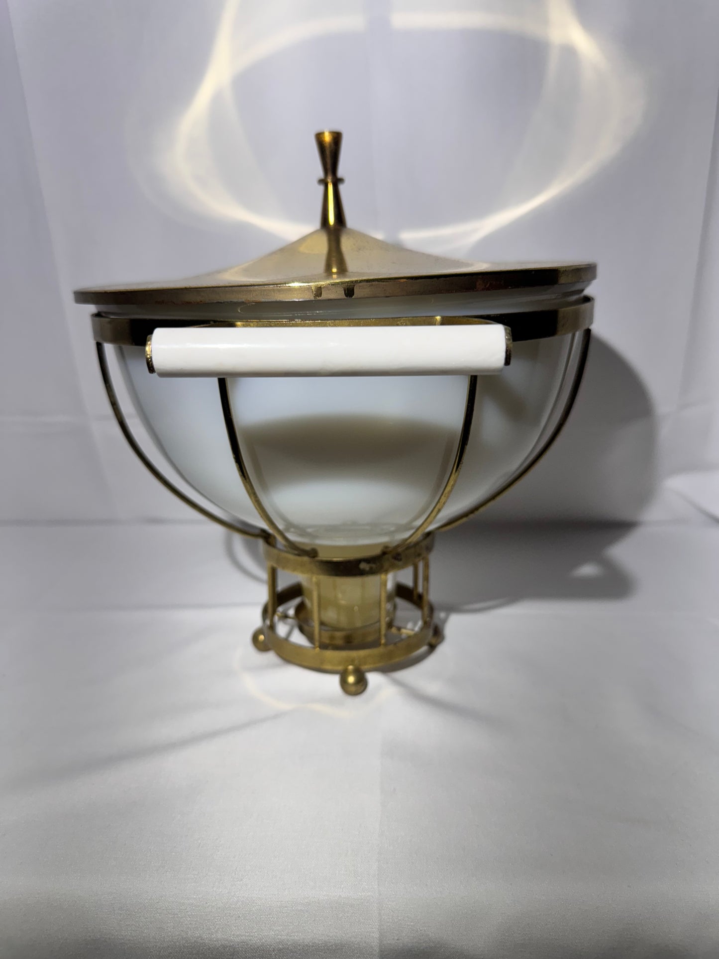MCM - Fire King - Milk Glass Mixing Bowl with metal warming stand and lid- 1950’s/60’s