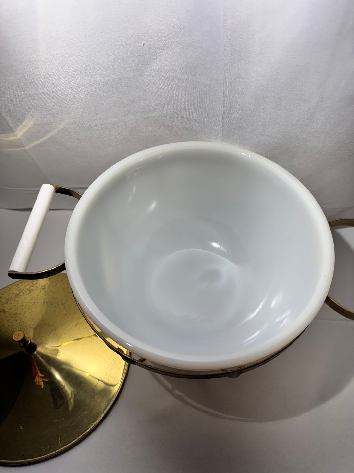 MCM - Fire King - Milk Glass Mixing Bowl with metal warming stand and lid- 1950’s/60’s