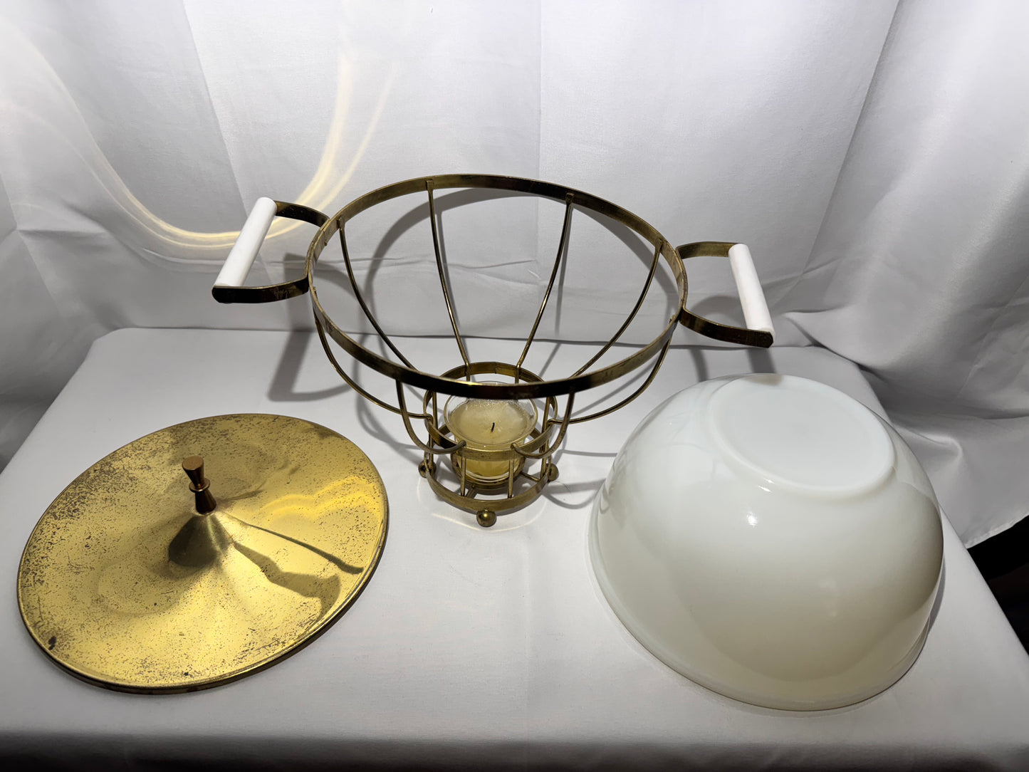 MCM - Fire King - Milk Glass Mixing Bowl with metal warming stand and lid- 1950’s/60’s