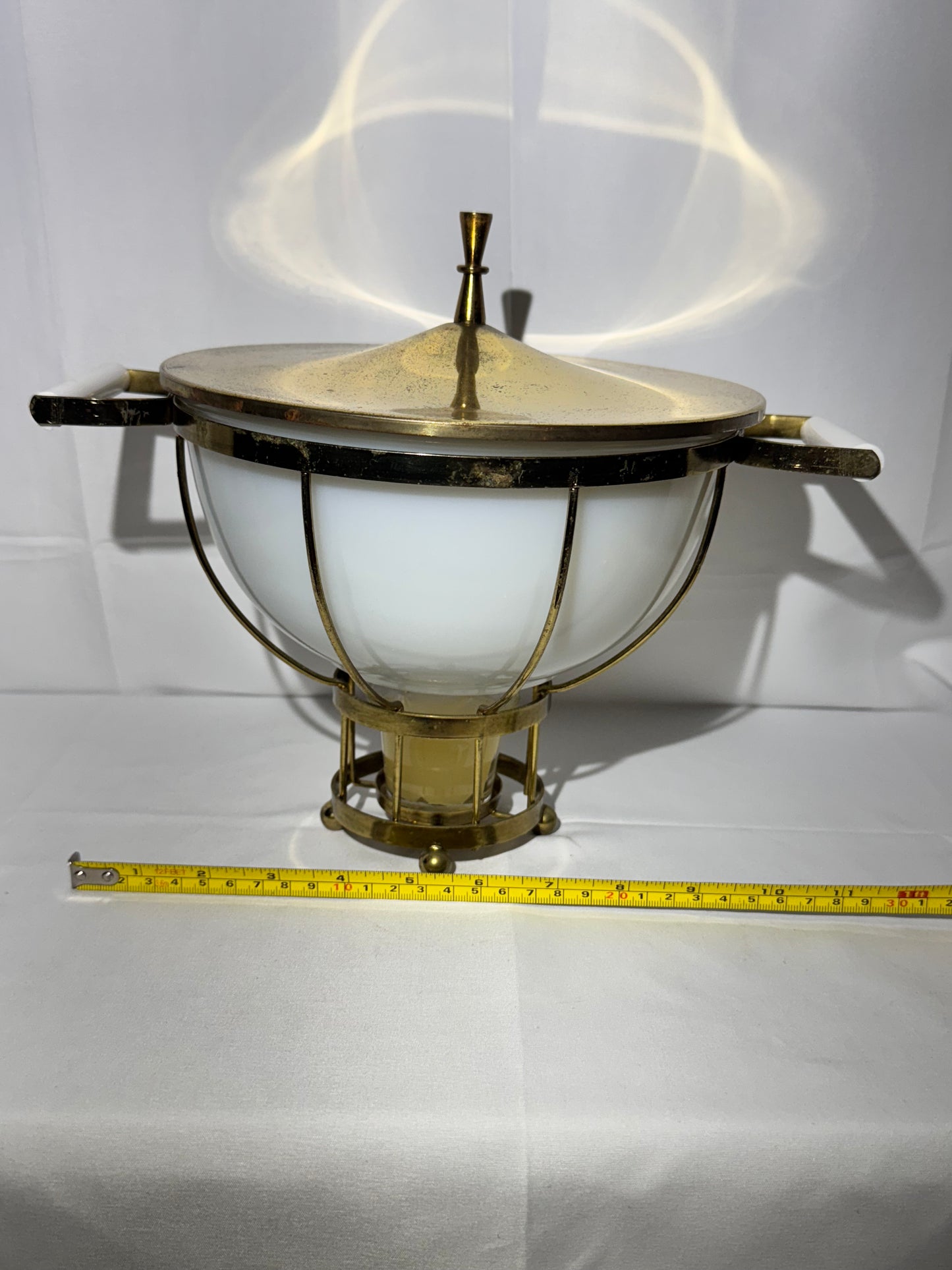 MCM - Fire King - Milk Glass Mixing Bowl with metal warming stand and lid- 1950’s/60’s
