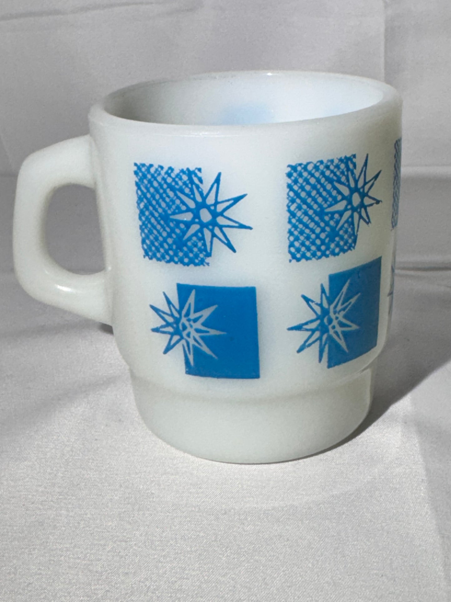 MCM - Anchor Hocking - Mug - Blue Atomic Starburst - 66 - ovenproof- made in USA