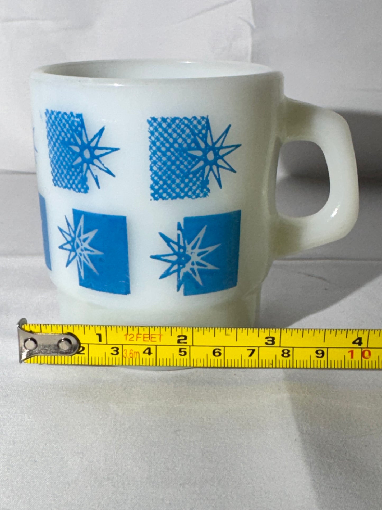 MCM - Anchor Hocking - Mug - Blue Atomic Starburst - 66 - ovenproof- made in USA