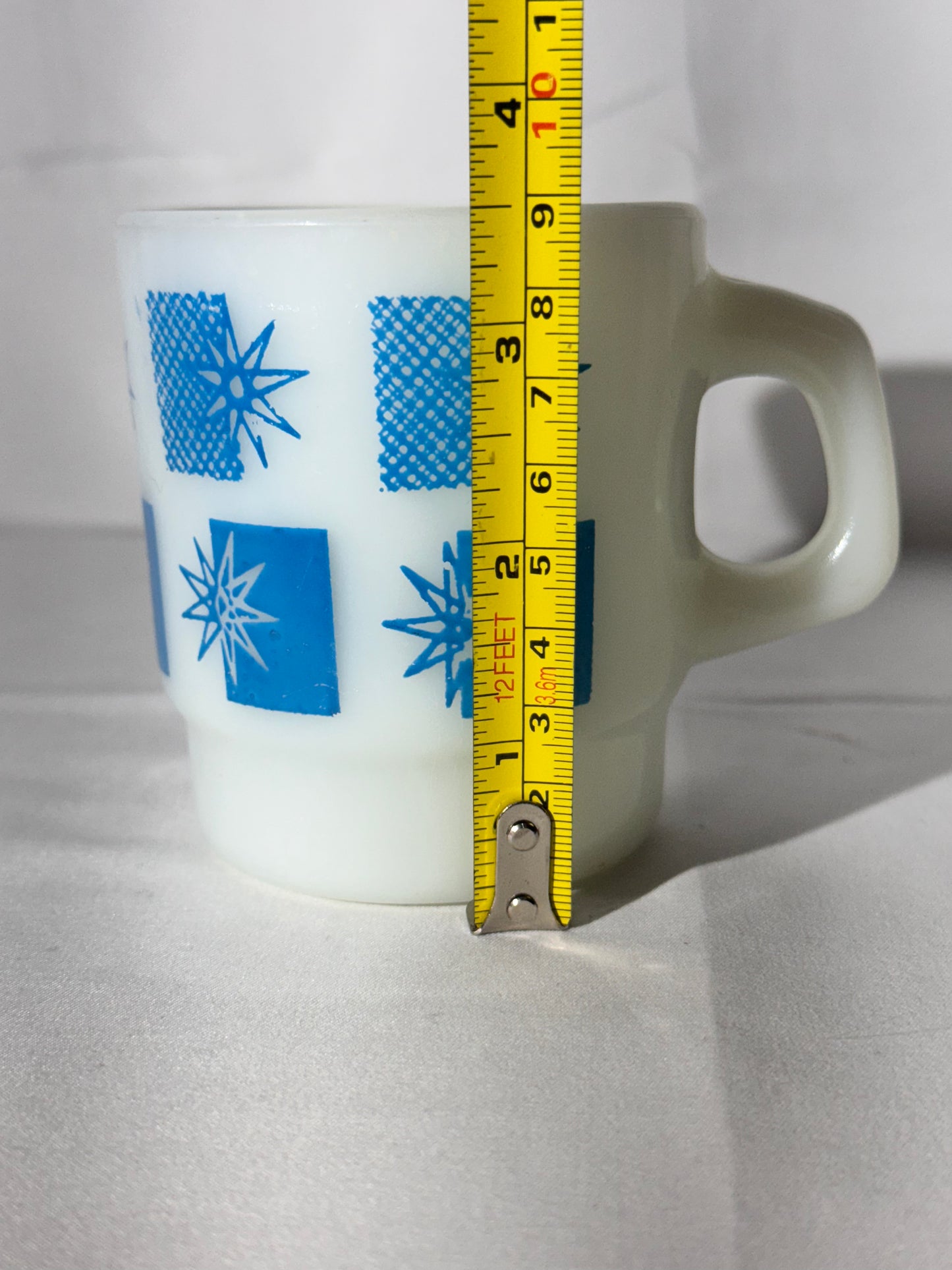 MCM - Anchor Hocking - Mug - Blue Atomic Starburst - 66 - ovenproof- made in USA