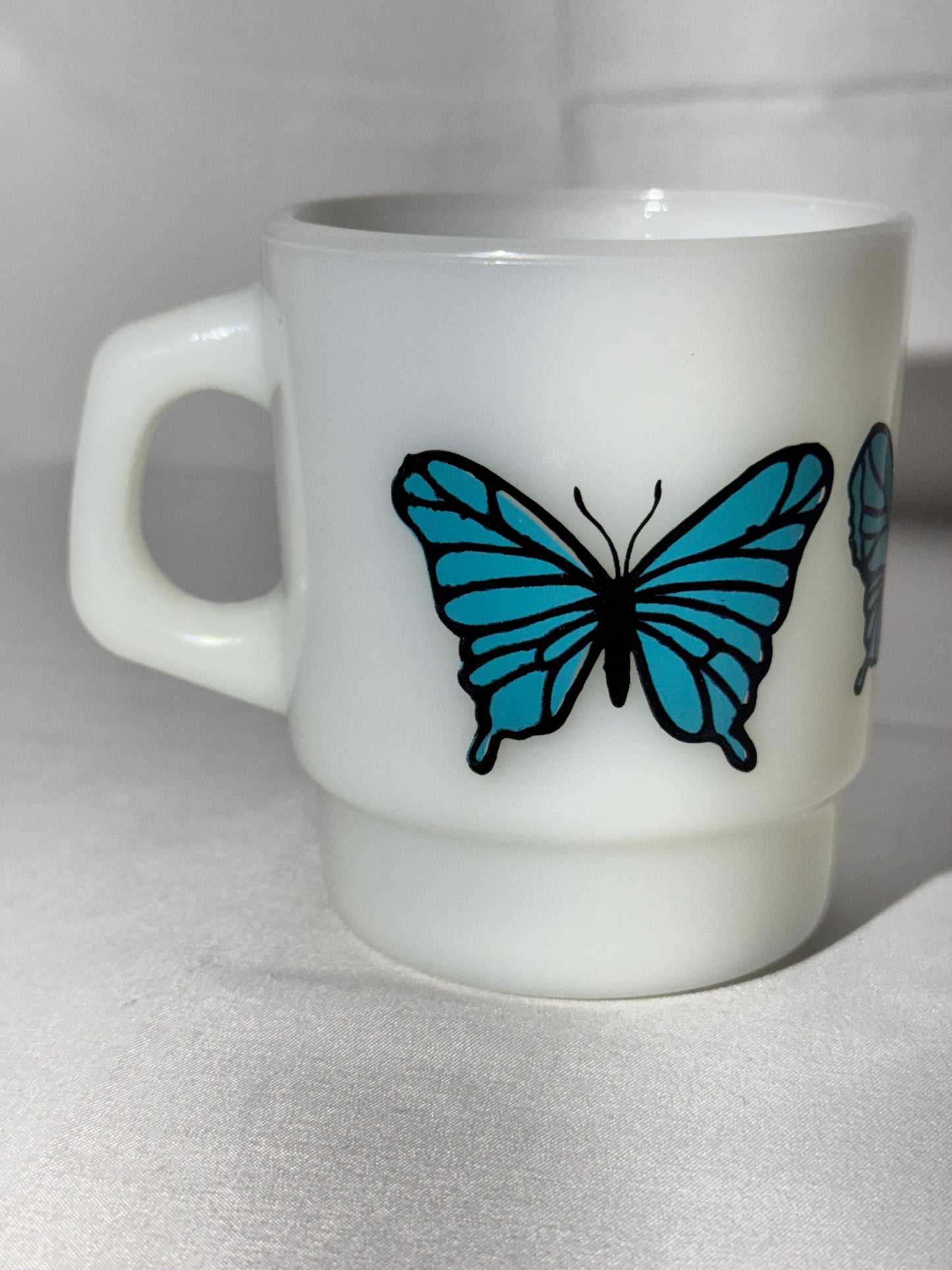 MCM - Anchor Hocking - Mug - Blue butterfly - 312- ovenproof- made in USA