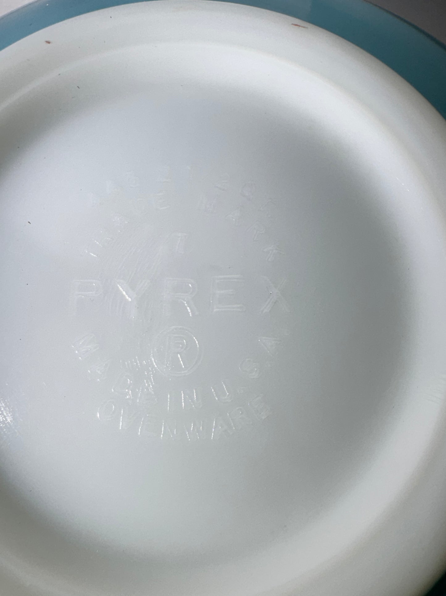 PYREX- Turquoise blue scroll- Cinderella mixing bowl-443- 2 1/2 Qt.