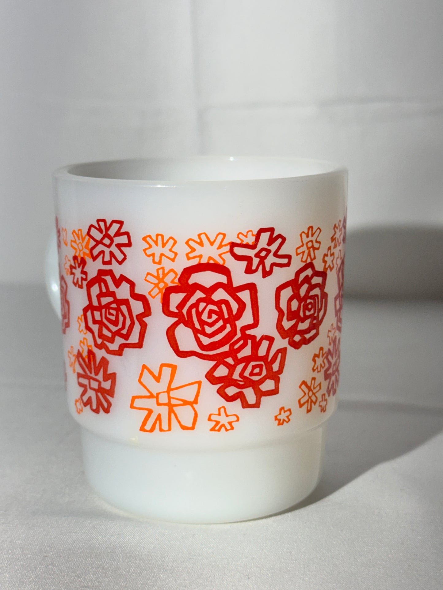 MCM- Fire King - Anchor Hocking - Red and Orange Floral - Mug - 45 - Oven Proof- Made in USA