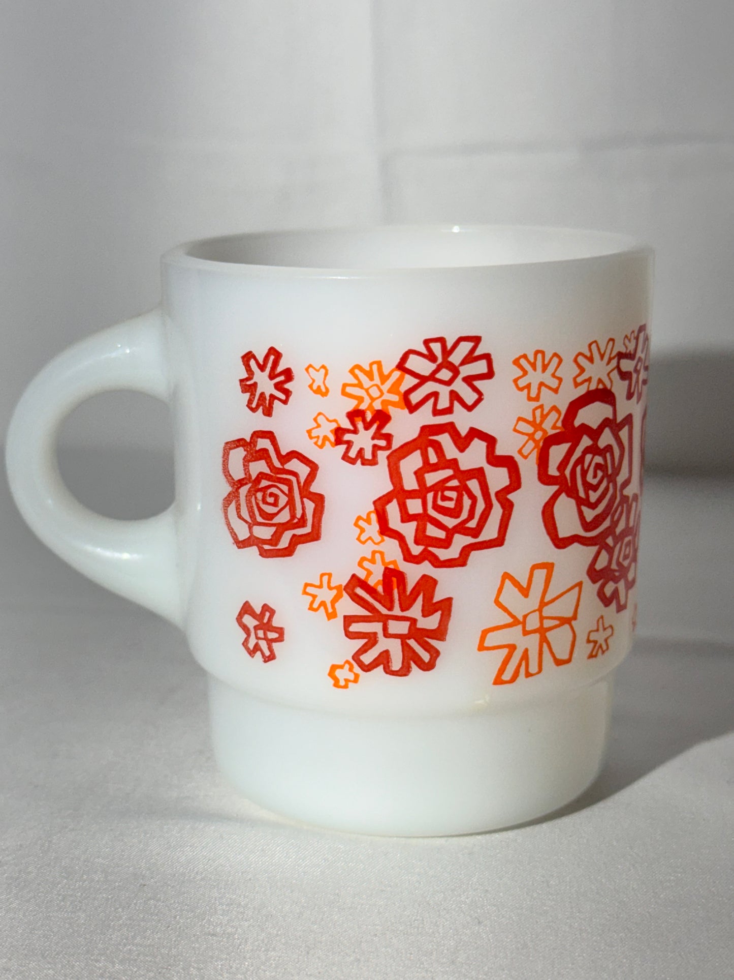 MCM- Fire King - Anchor Hocking - Red and Orange Floral - Mug - 45 - Oven Proof- Made in USA