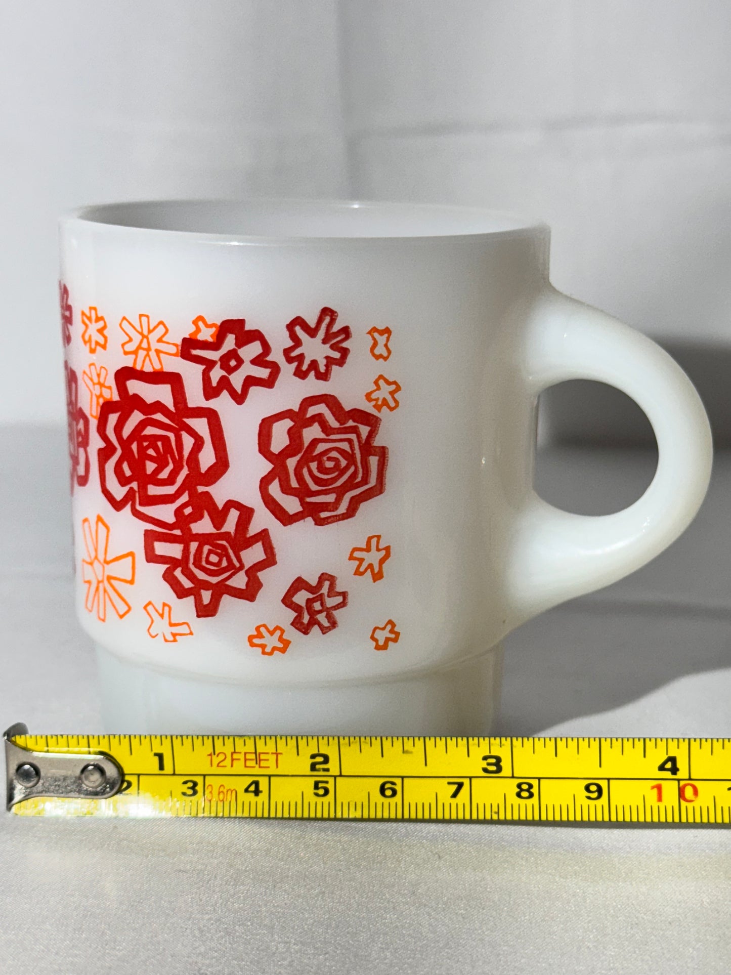 MCM- Fire King - Anchor Hocking - Red and Orange Floral - Mug - 45 - Oven Proof- Made in USA