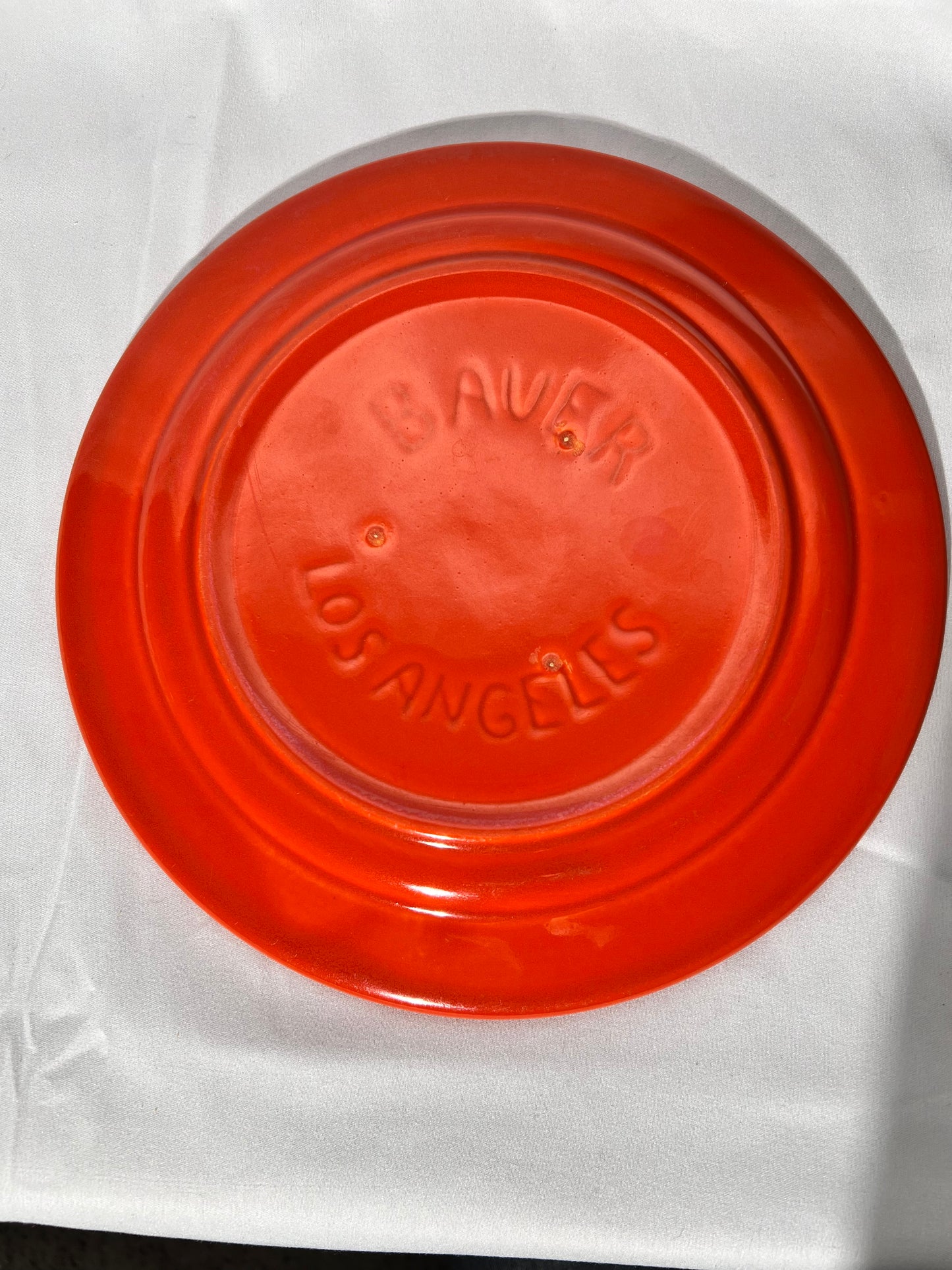 Bauer pottery- 9 1/2” dinner plate- orange- 5 rings - ring ware - vintage