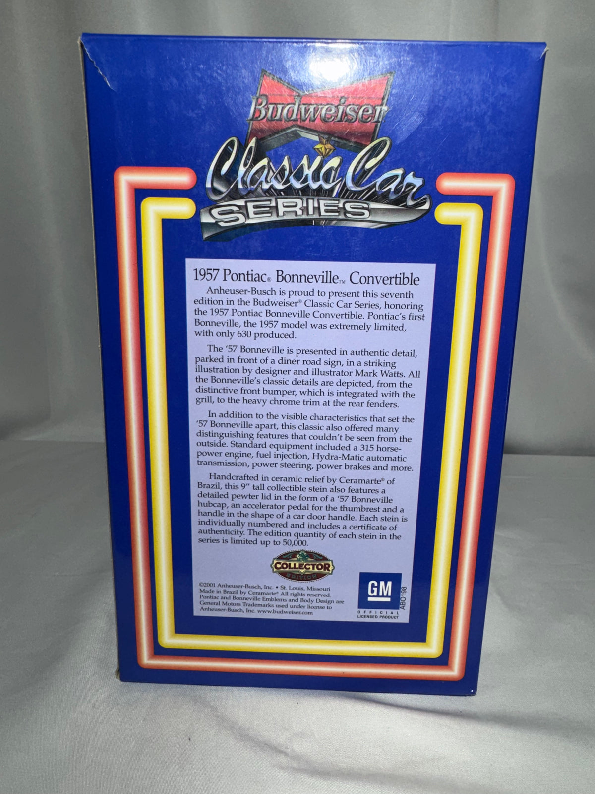 2001 Budweiser Classic Car Series – 1957 Pontiac Bonneville Convertible Collector Beer Stein – Original Box
