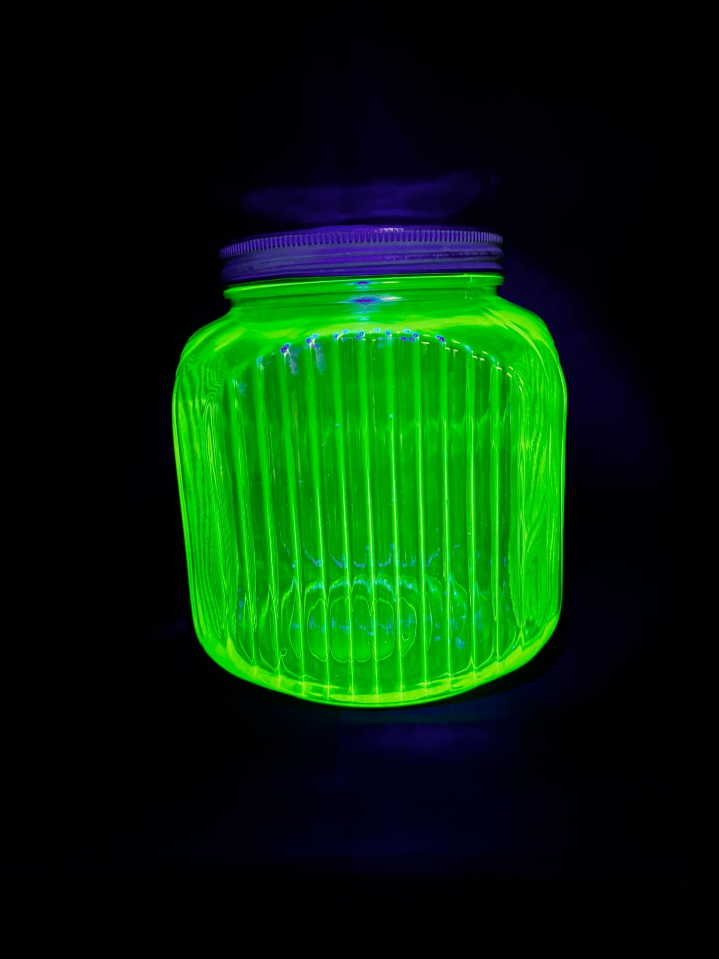 Vintage 1930s Uranium Glass Hoosier Cookie Jar Canister Green Ribbed UV Reactive w/Lid