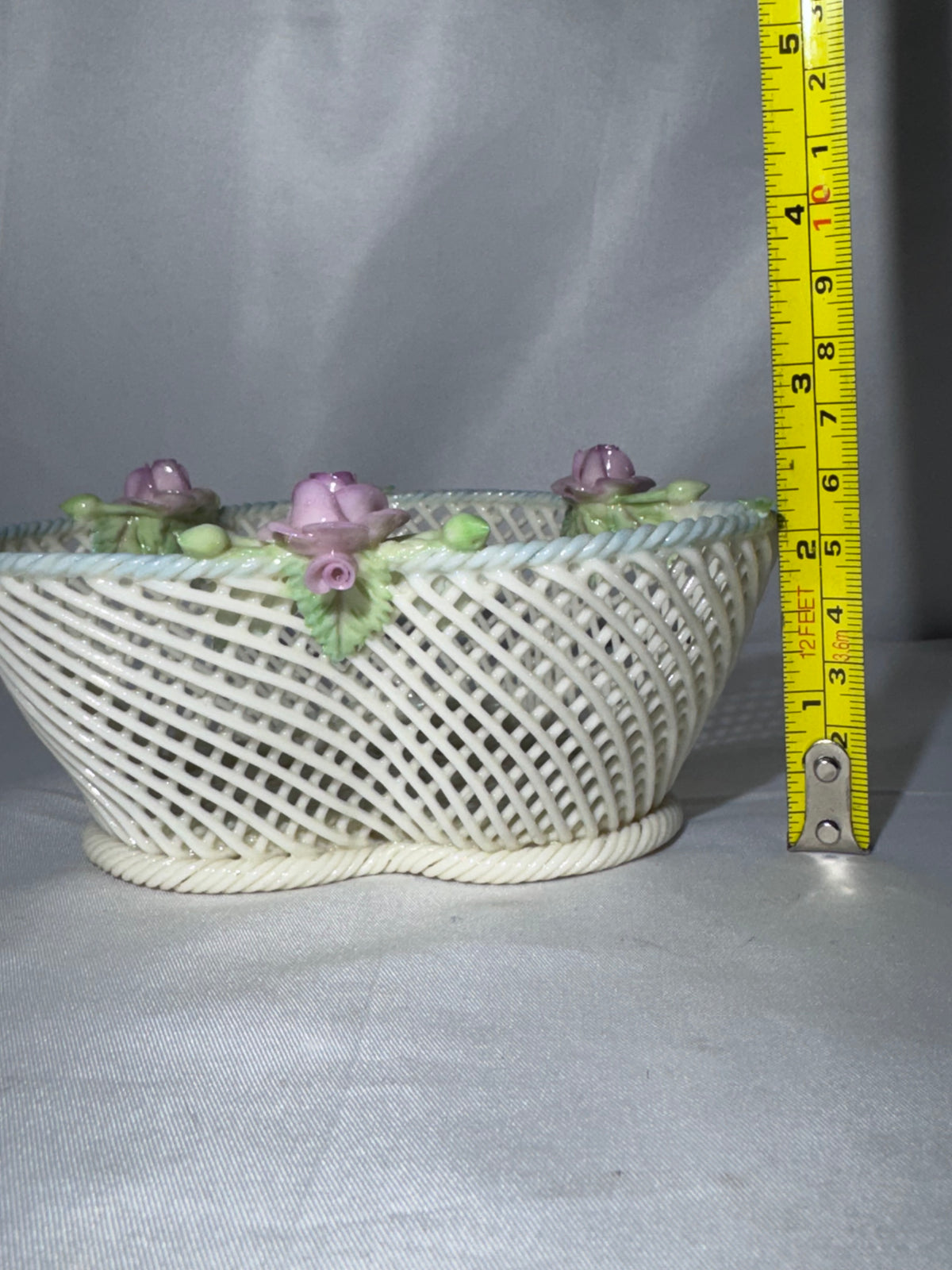 Vintage Irish Belleek Porcelain Four-Strand Woven Basket with Pink Roses – Made in Ireland