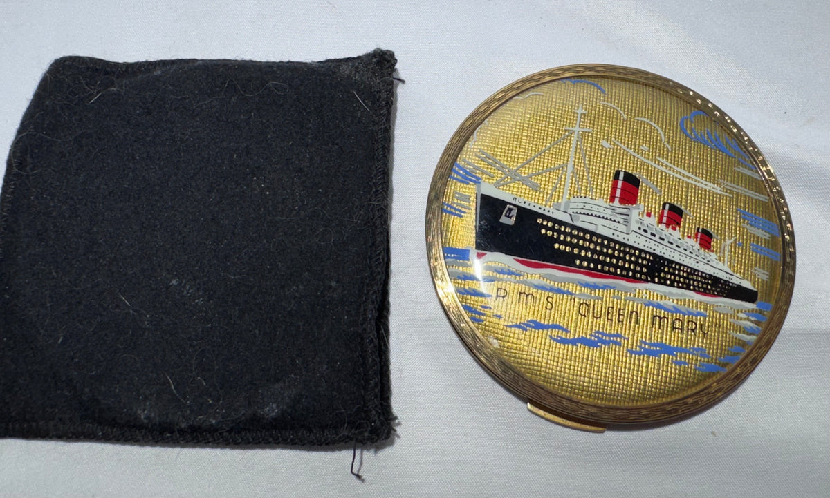 Vintage Stratton Powder Compact – R.M.S. Queen Mary – Circa 1950s – Complete with Travel Pouch