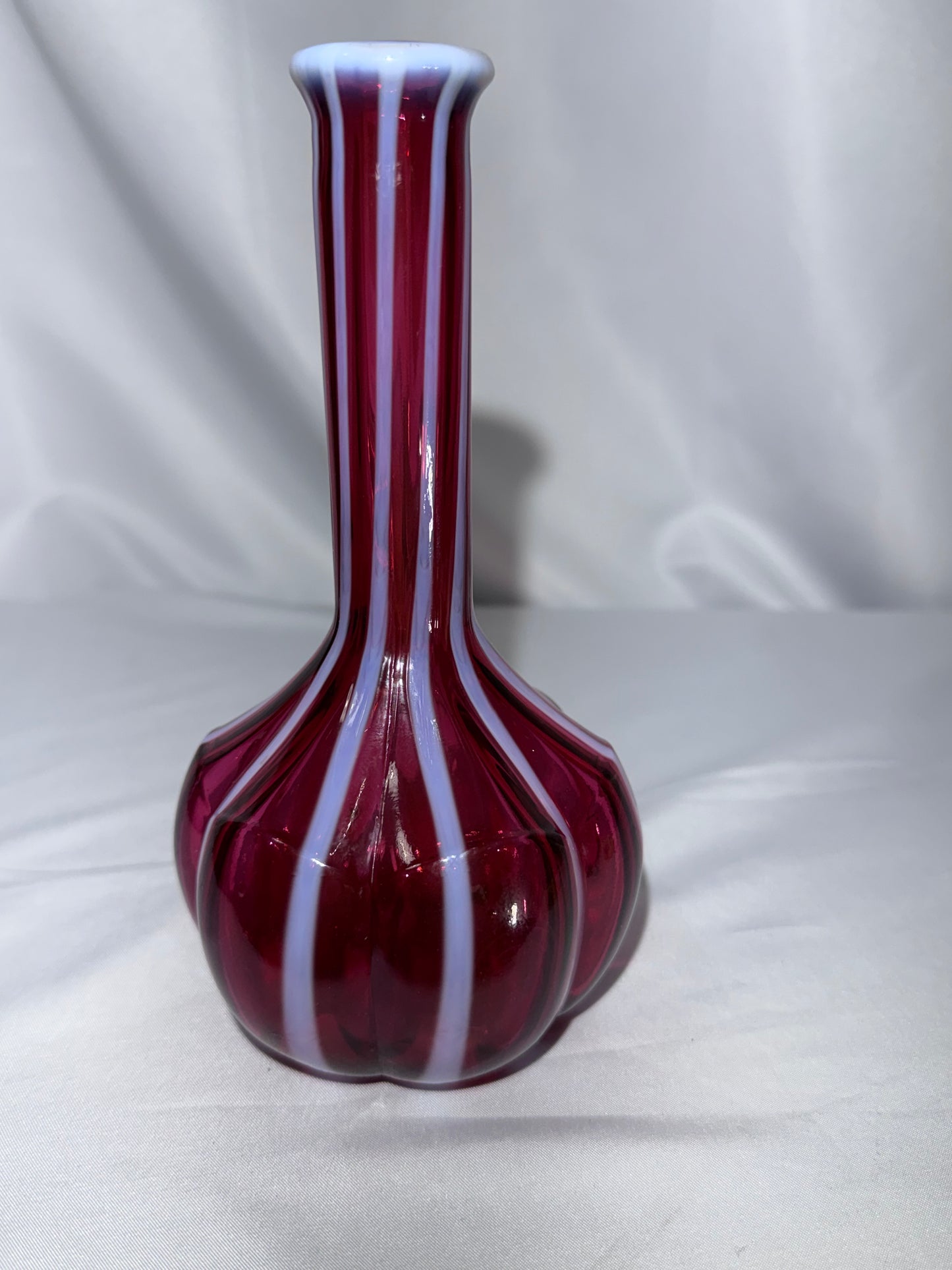 Vintage Fenton Cranberry Opalescent Rib Optic Barber Bottle / Bud Vase – 7.5”