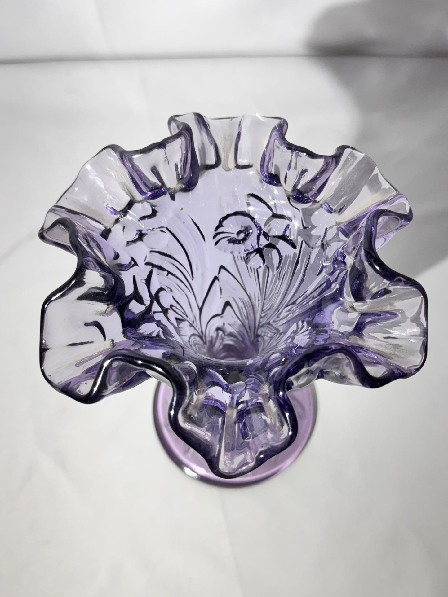 Fenton Amethyst Daffodil Ruffled Vase – Handcrafted in the USA – Original Fenton Sticker – 7.5” Tall