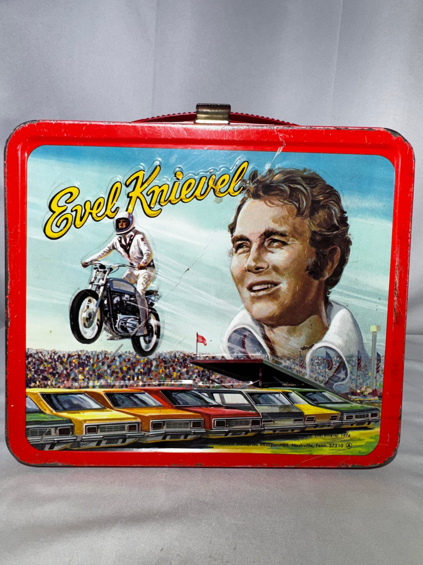 Vintage 1974 Evel Knievel Metal Lunchbox & Thermos Aladdin Rocket Stunt Scene