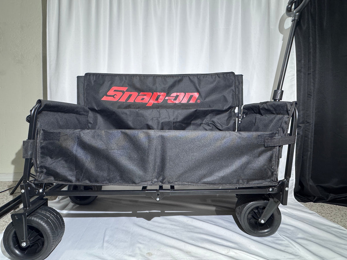 Snap-on Black Collapsible Utility Beach Wagon with Built-In Bench Seat – Foldable Travel Wagon
