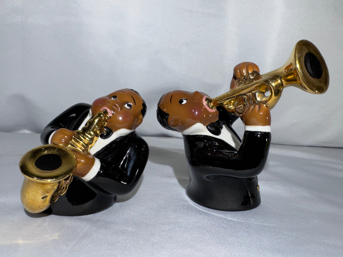 Jazz Musicians Salt and Pepper Shakers – Ceramic Saxophone & Trumpet Players – 1996 Clay Art