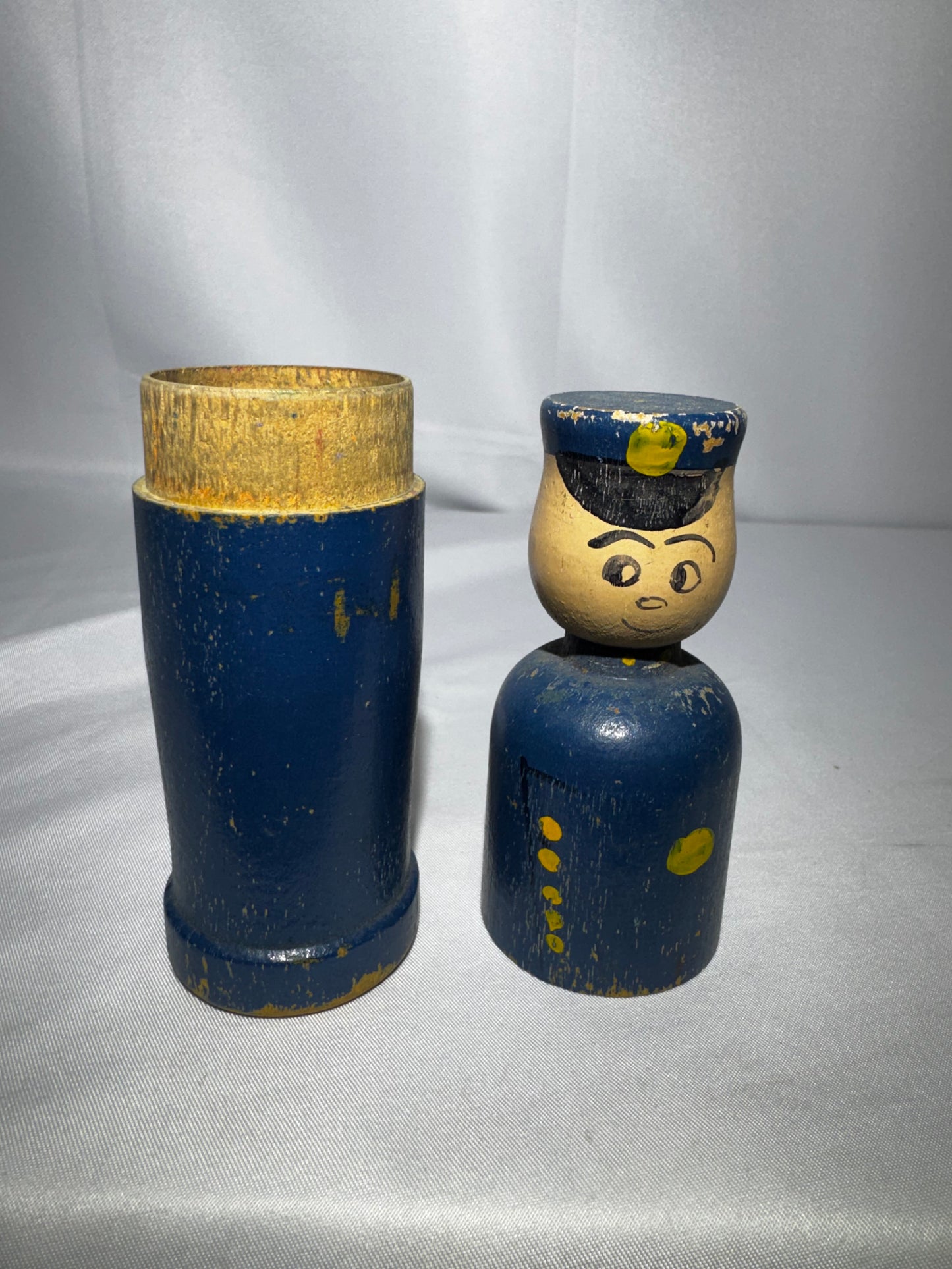 Vintage Brodhaven Wooden Policeman Crayon Holder Pencil Case Figure Toy Hand Painted 6.5”