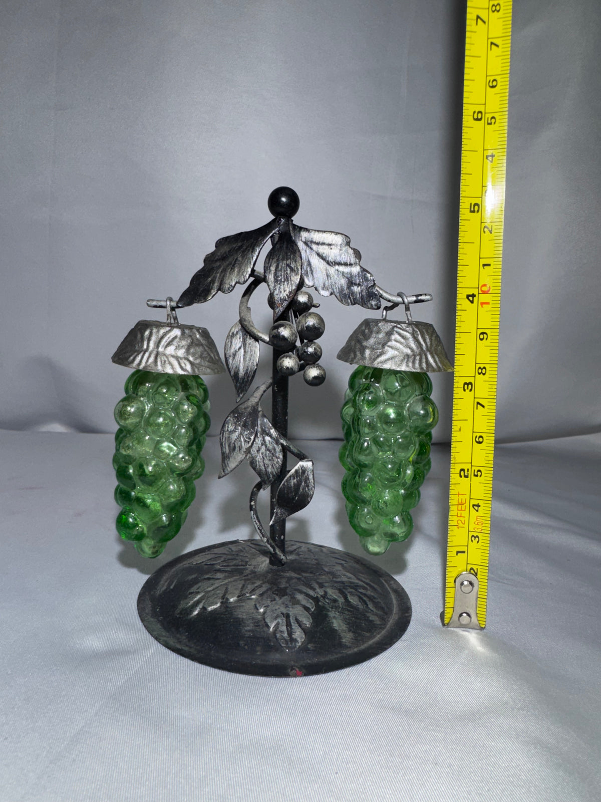 Vintage Green Glass Hanging Grape Salt & Pepper Shakers with Metal Vine Stand – 1950s–1960s