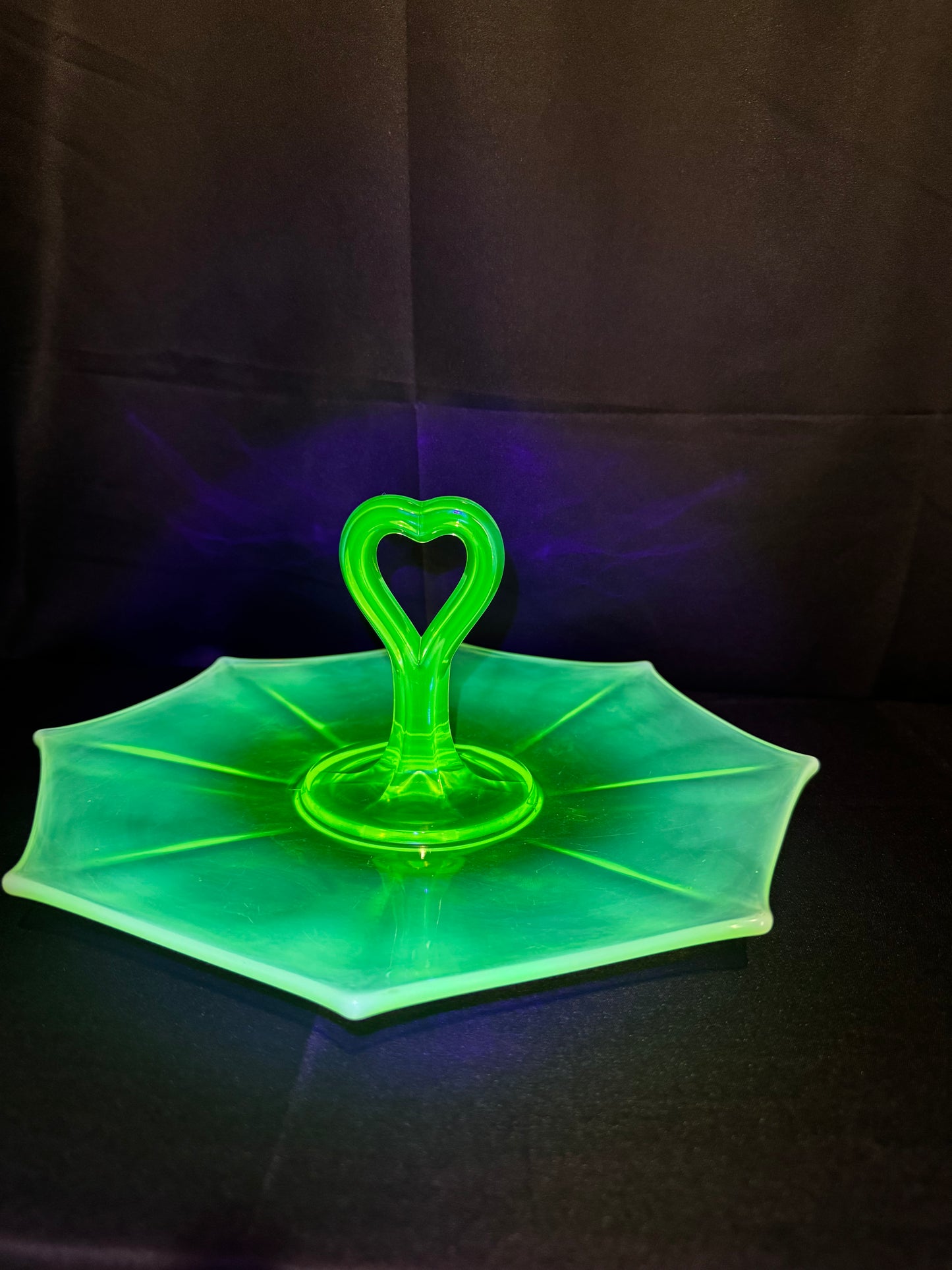 Vintage Uranium Glass Tidbit 12” Tray Heart Handle Bon Bon Dish UV Glow