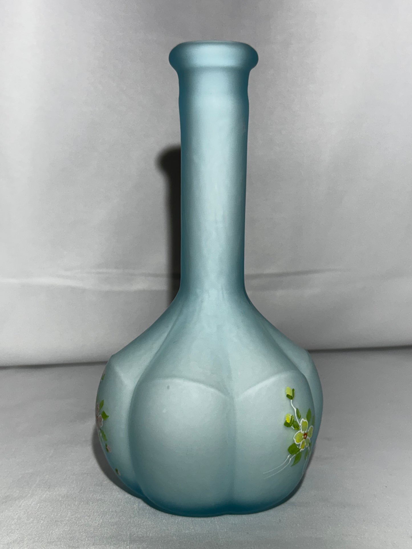 Vintage Fenton Baby Blue Satin Glass Barber Bottle – Hand-Painted Floral – 7.5”