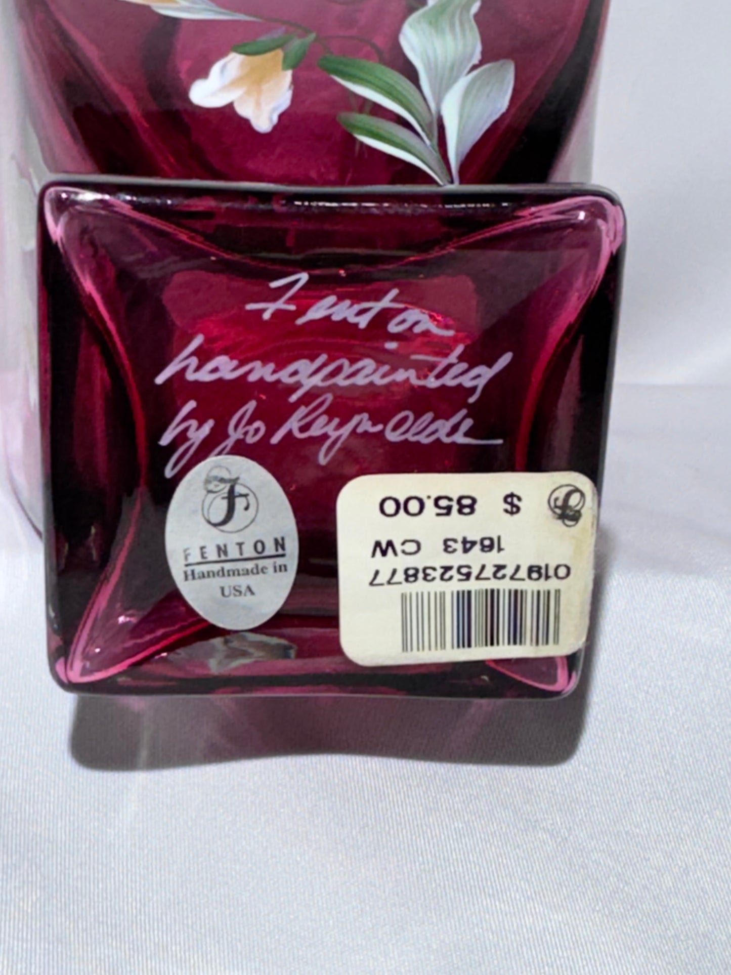 Fenton 1999 Hand Painted Cranberry Cased Glass Square Vase Pansies Signed 7.5”
