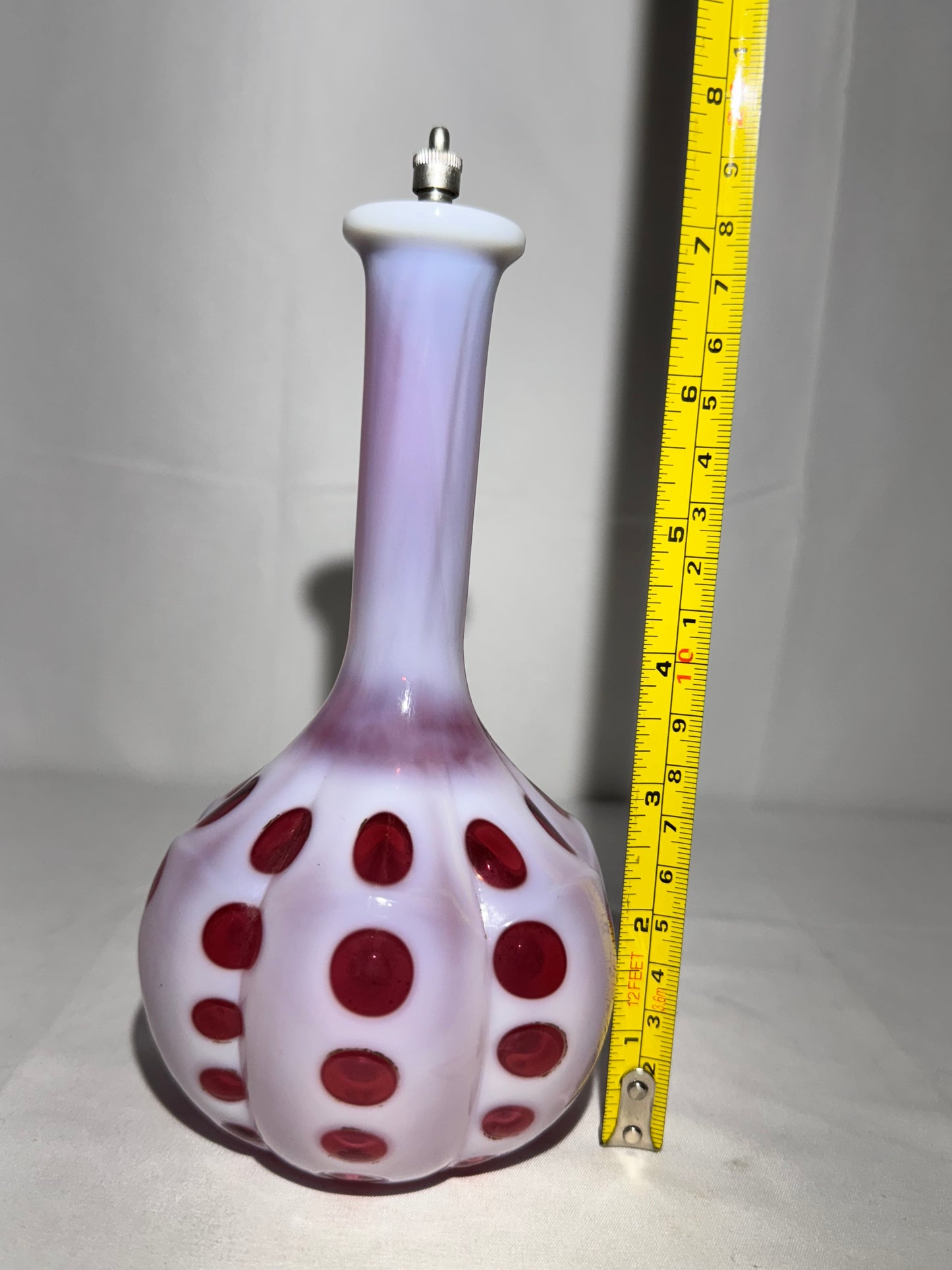 Vintage Cranberry & White Coin Dot Barber Bottle w/ Original Topper