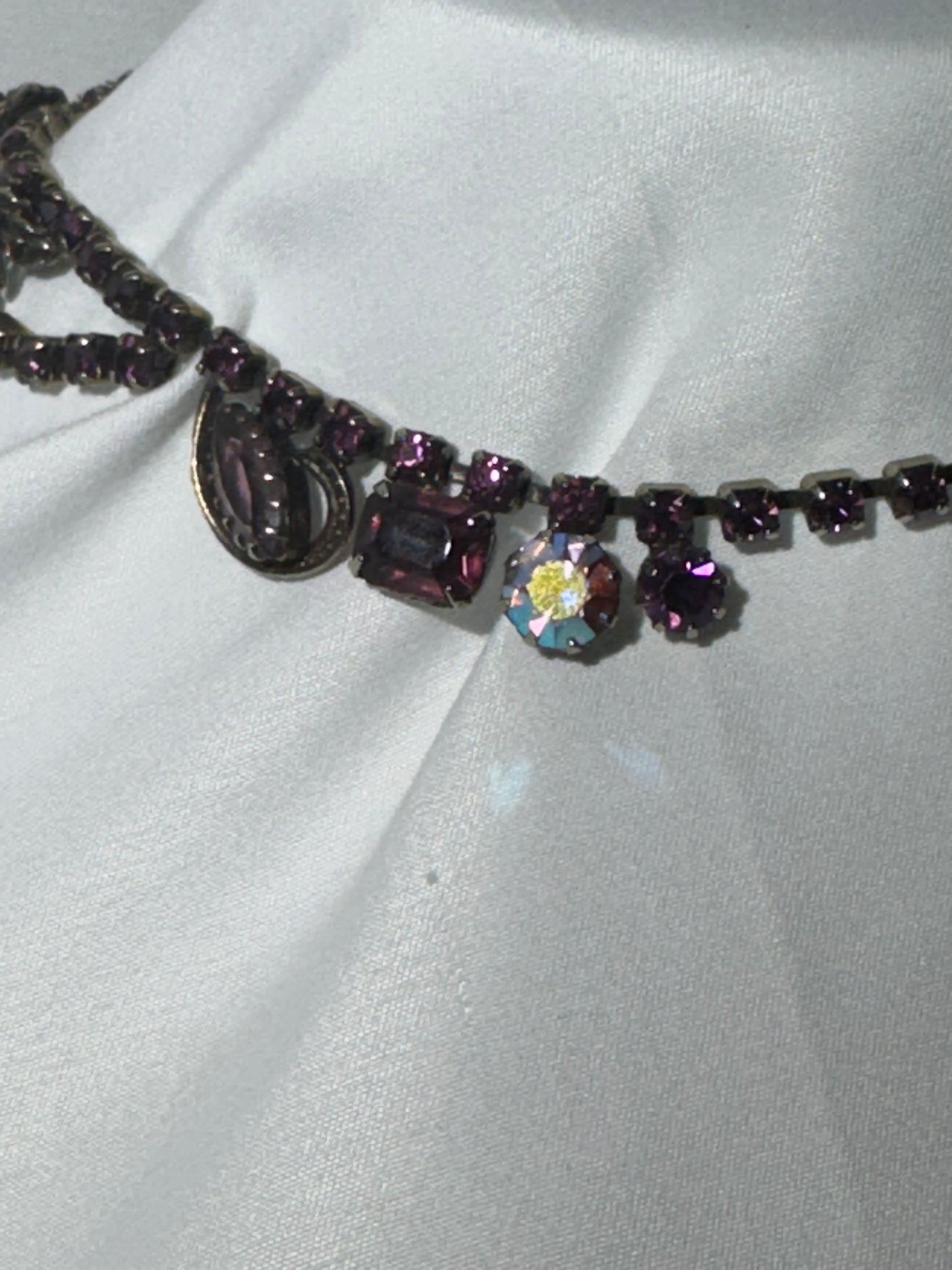 Vintage Purple Rhinestone Necklace – Adjustable 17” – Dark Silver Tone Setting- Women Jewelry