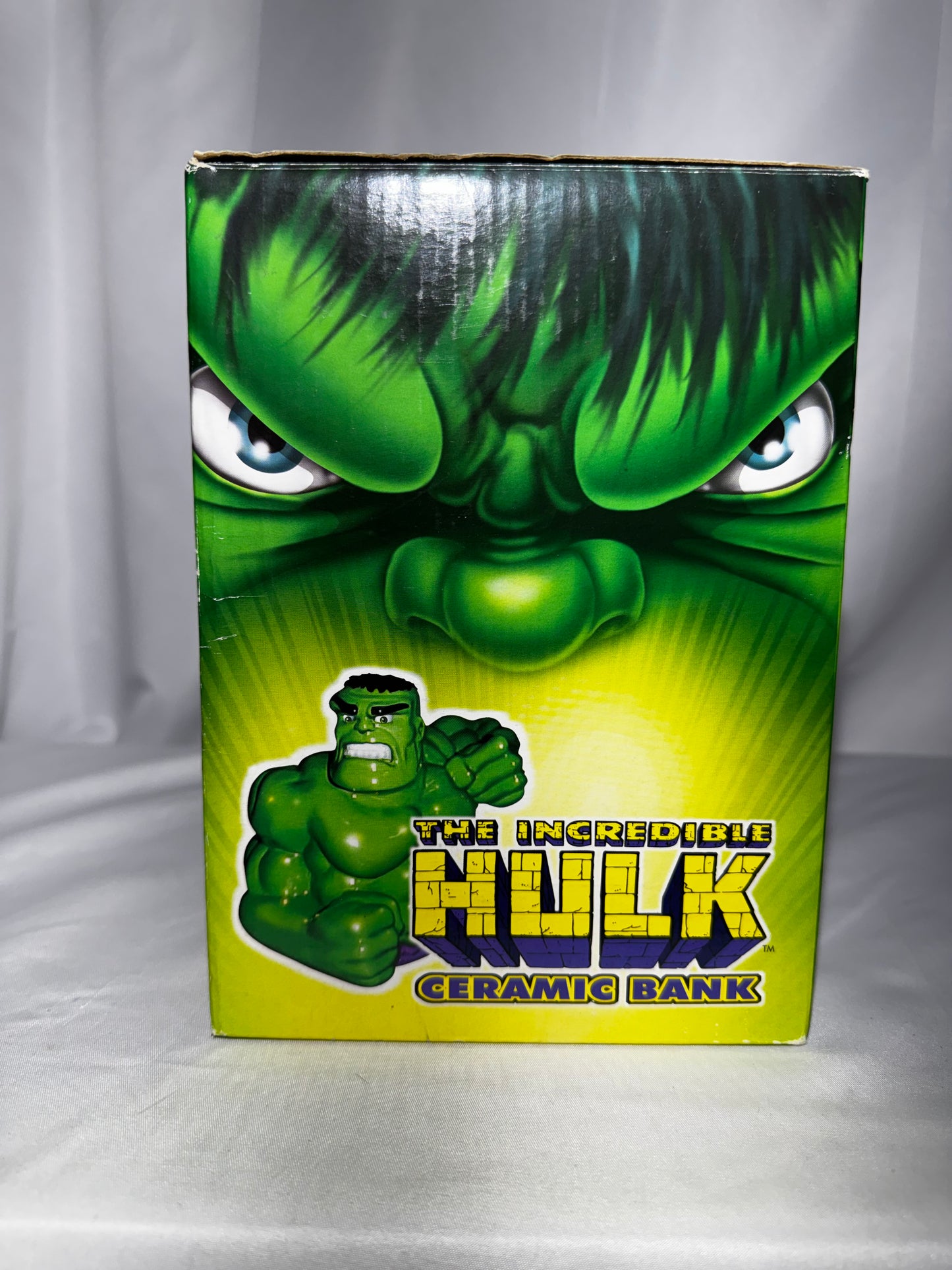 Marvel Incredible Hulk Green Ceramic Coin Bank Comic Images w/ Original Box 7”