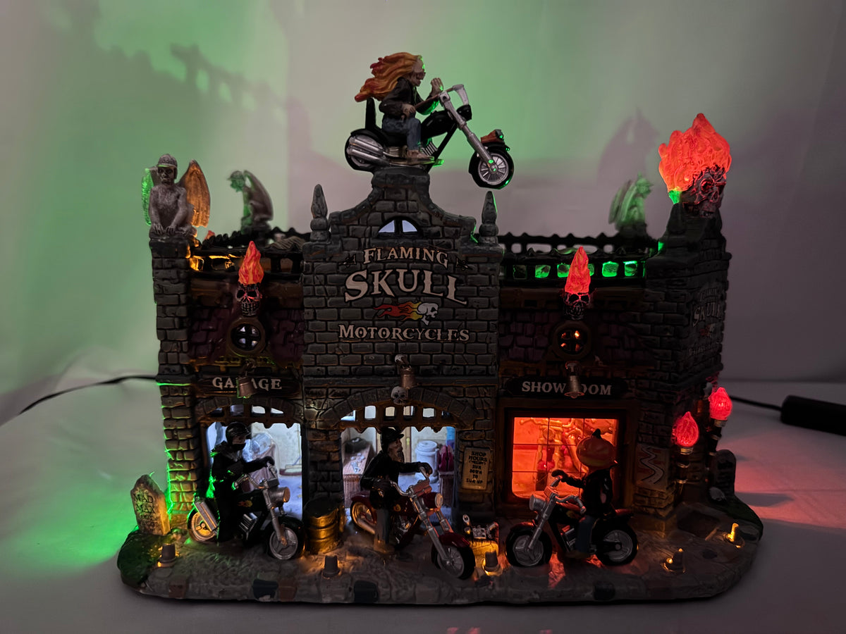 Lemax Spooky Town Flaming Skull Motorcycles – Item #95829 – Retired Halloween Village