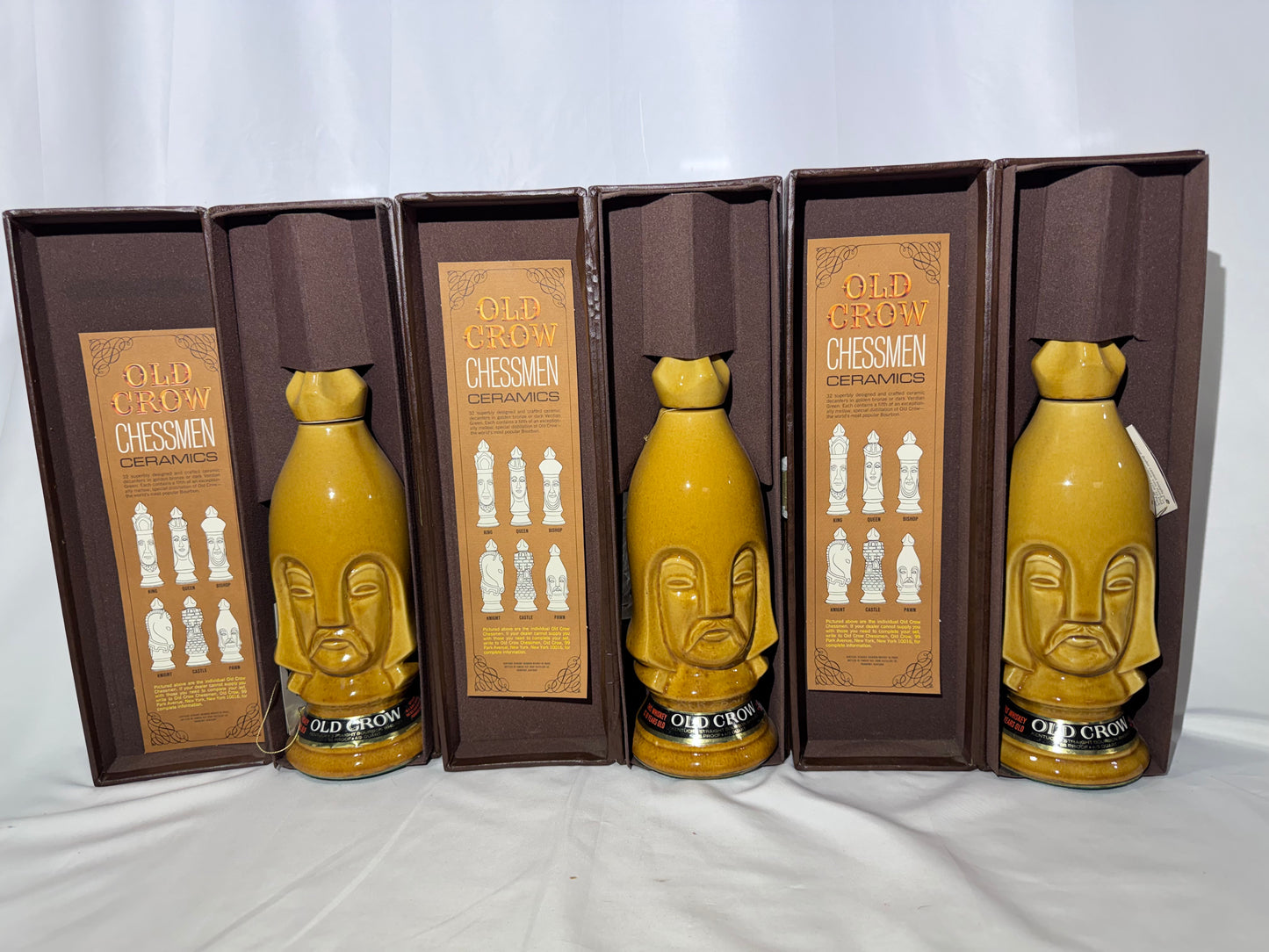 1969 Old Crow 10-Year-Old Bourbon Chessmen Ceramic Decanters – Set of 6 Gold Pawns