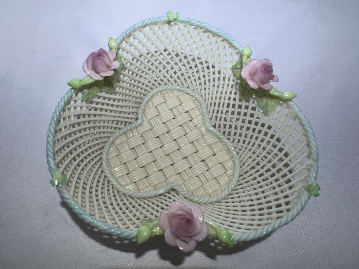 Vintage Irish Belleek Porcelain Four-Strand Woven Basket with Pink Roses – Made in Ireland