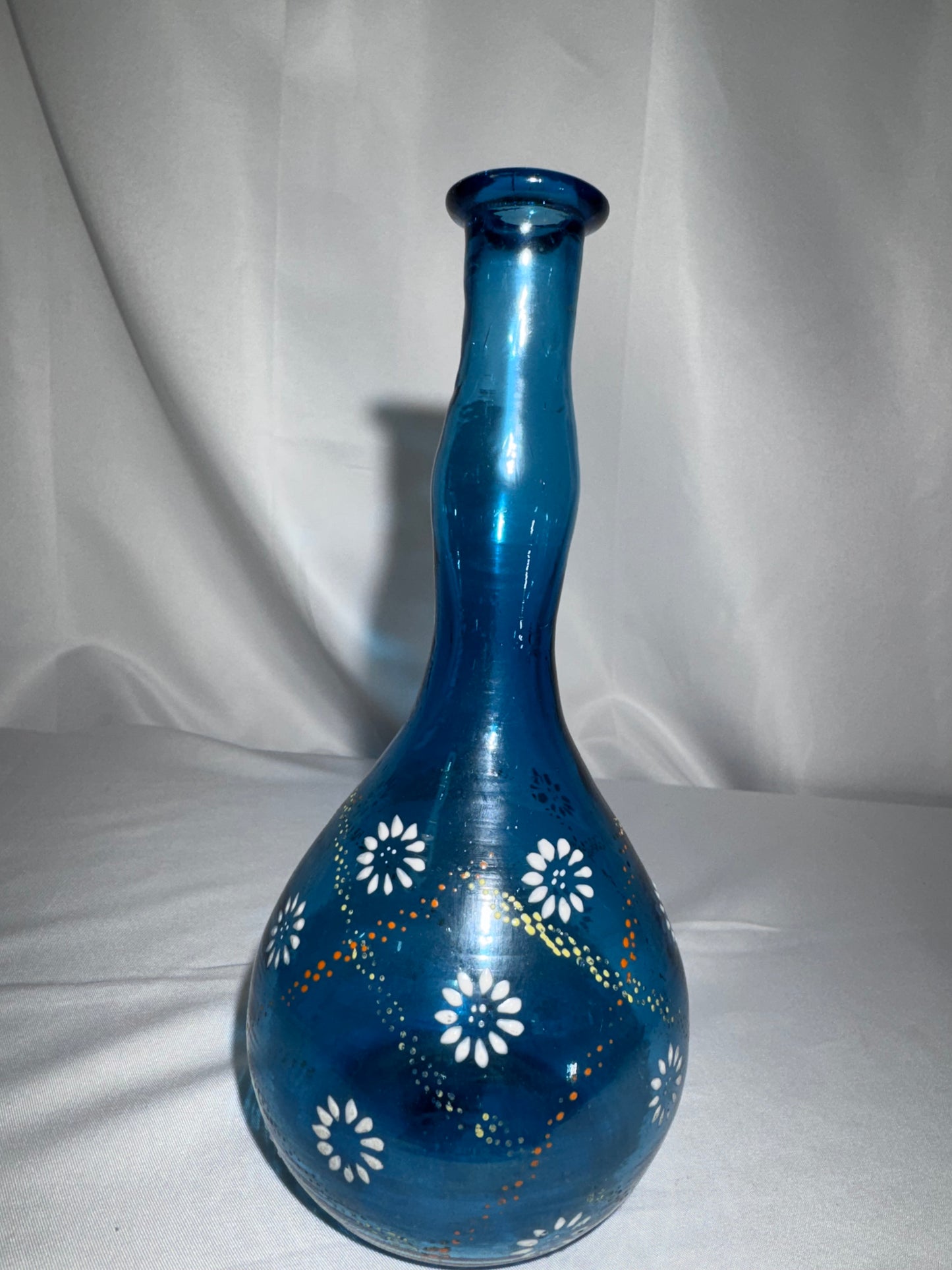 Antique Victorian Blue Glass Barber Bottle – Hand-Painted Daisy & Enamel Floral Design
