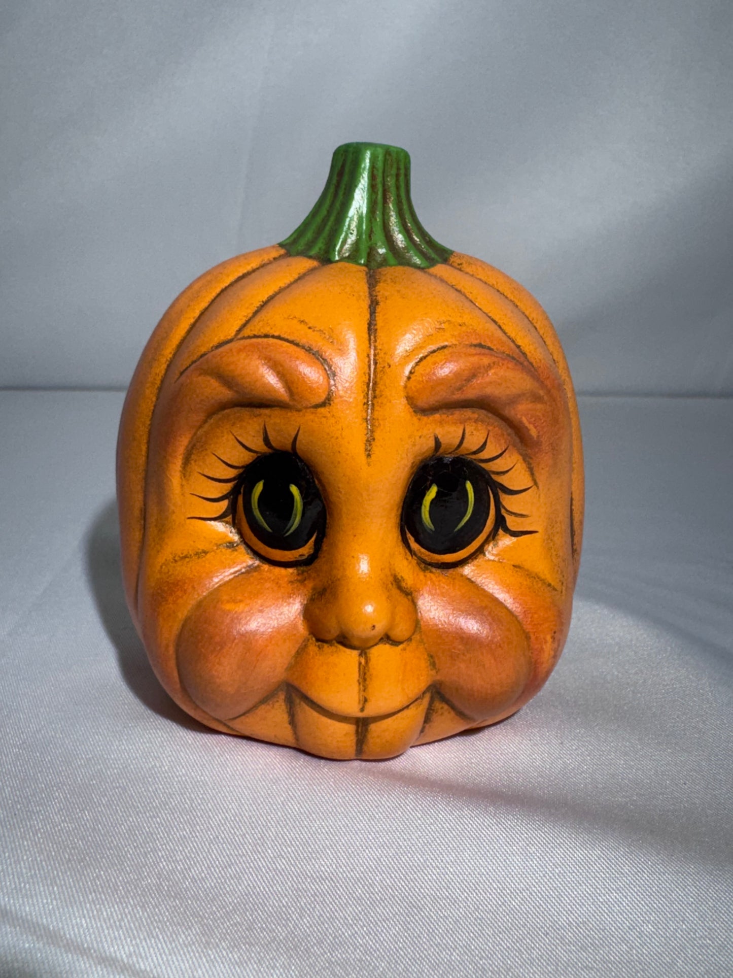 Vintage 1999 Ceramic Pumpkin Baby Face Figurine Hand Painted Fall Halloween
