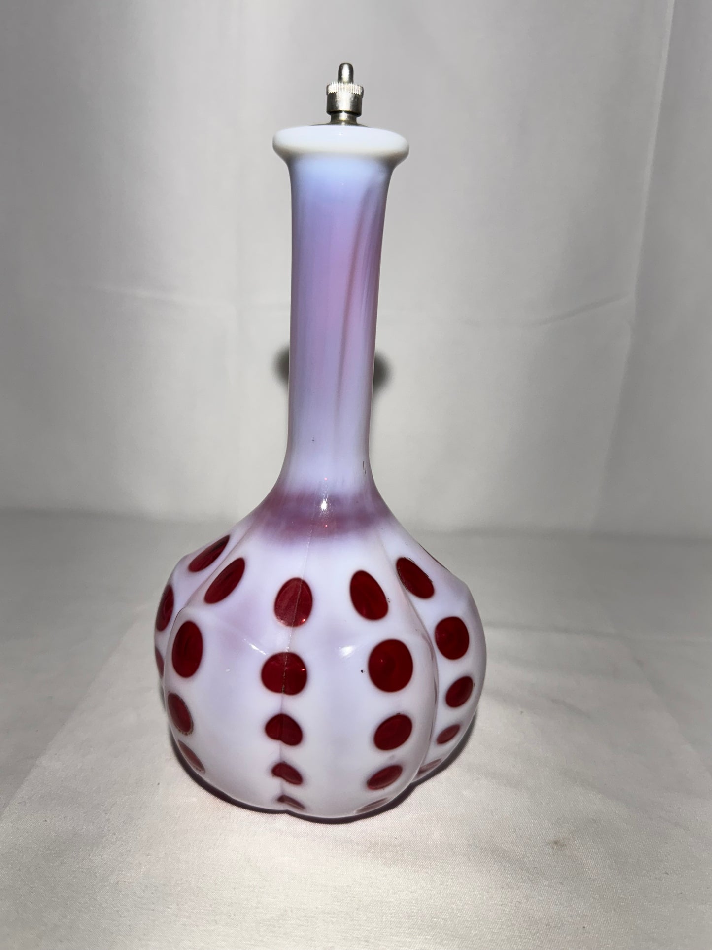 Vintage Cranberry & White Coin Dot Barber Bottle w/ Original Topper