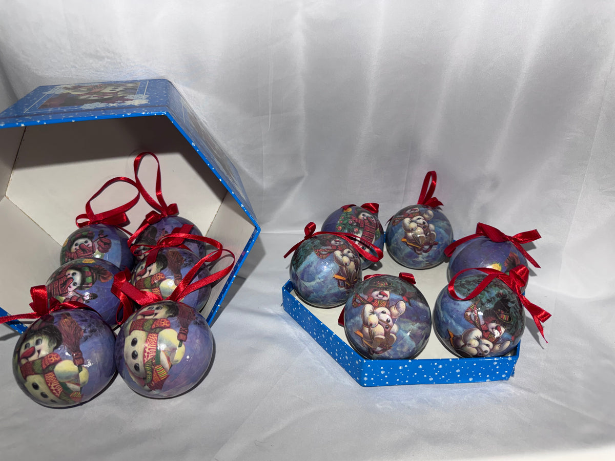 Vintage Frosty Snowman Christmas Ornaments Set of 12 Paper Mache Red Bows w/ Box