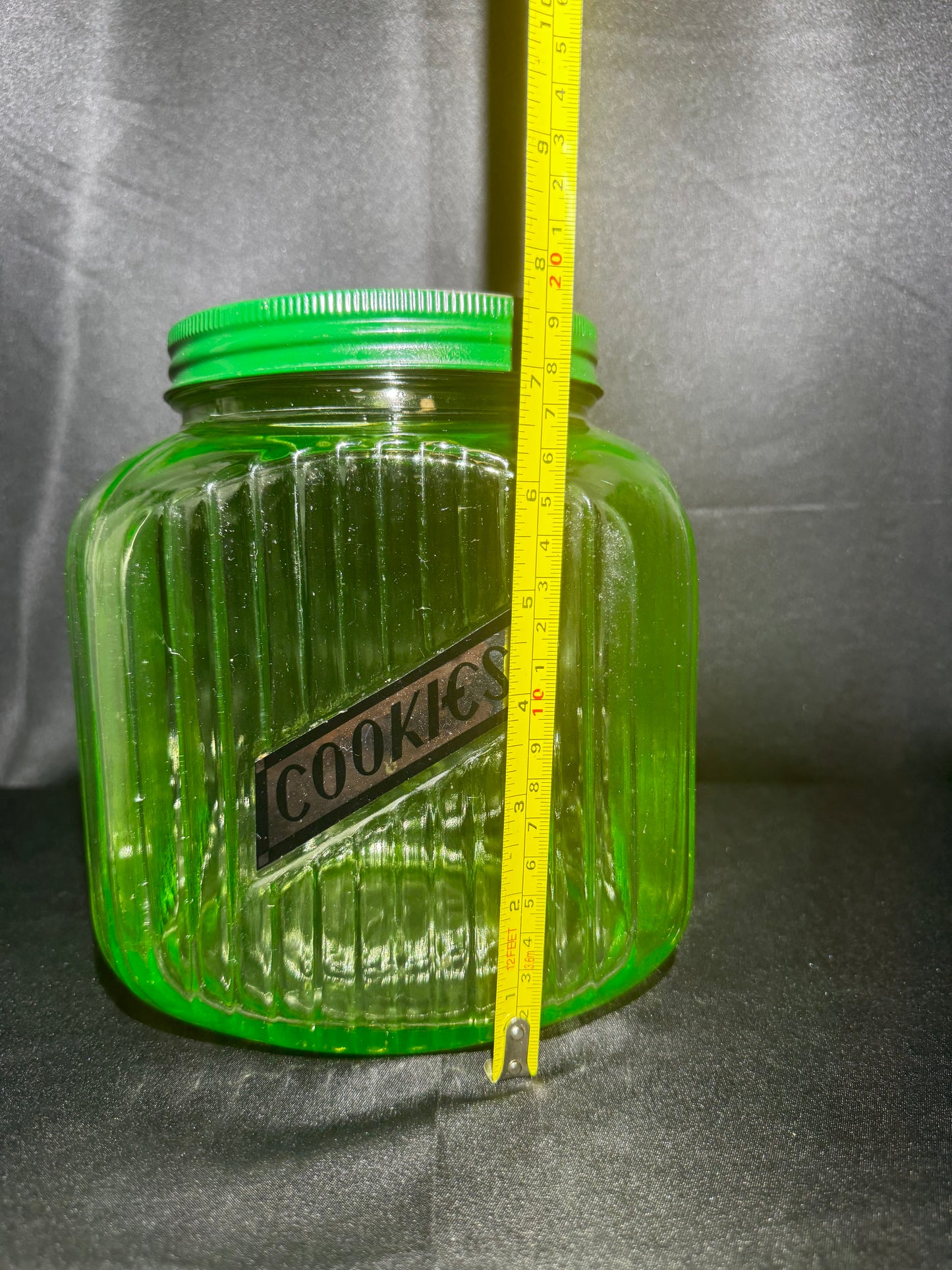 Vintage 1930s Uranium Glass Hoosier Cookie Canister w/ Green Lid & Original Sticker UV Glow